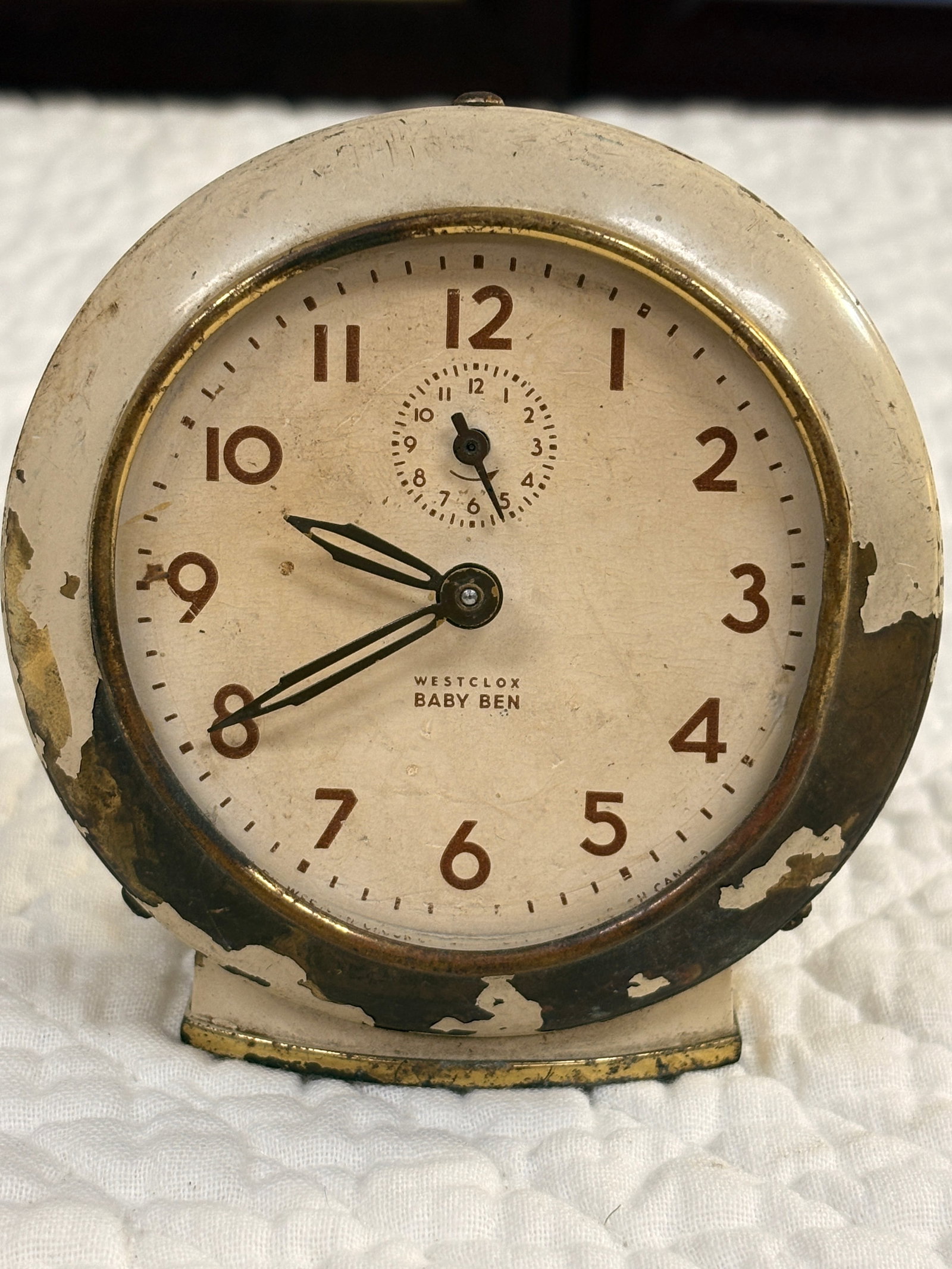 Vintage Westclox “Baby Ben” Alarm Clock (Canada): Early Westclox Baby Ben mechanical alarm clock, made in Canada. Original metal case with aged patina and clear dial. Wind-up movement, alarm and time functions working at time of cataloging. Honest