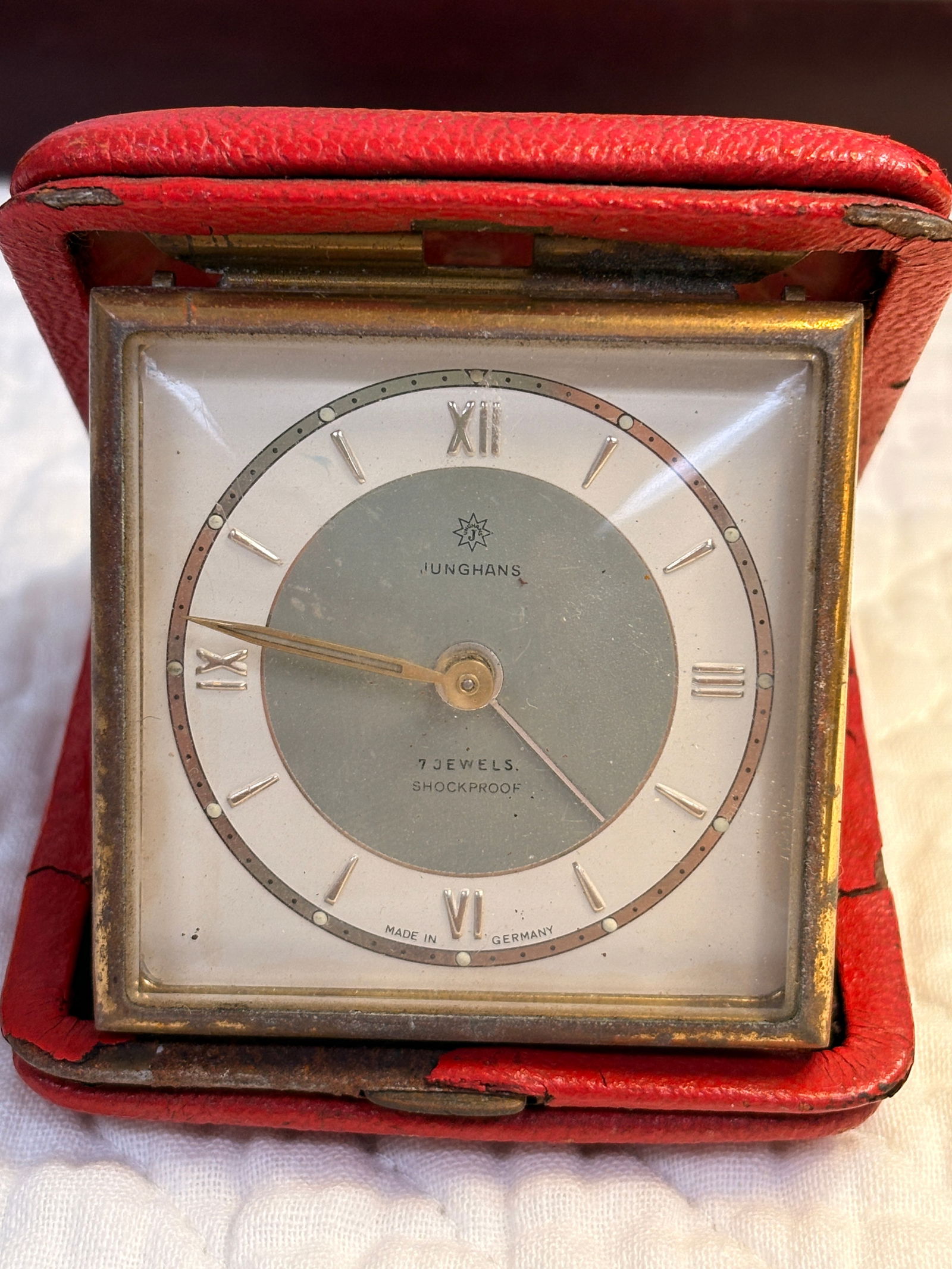 Vintage Junghans Travel Alarm Clock with Original Red Leather Case, Germany: Vintage Junghans Travel Alarm Clock with Original Red Leather Case, Germany