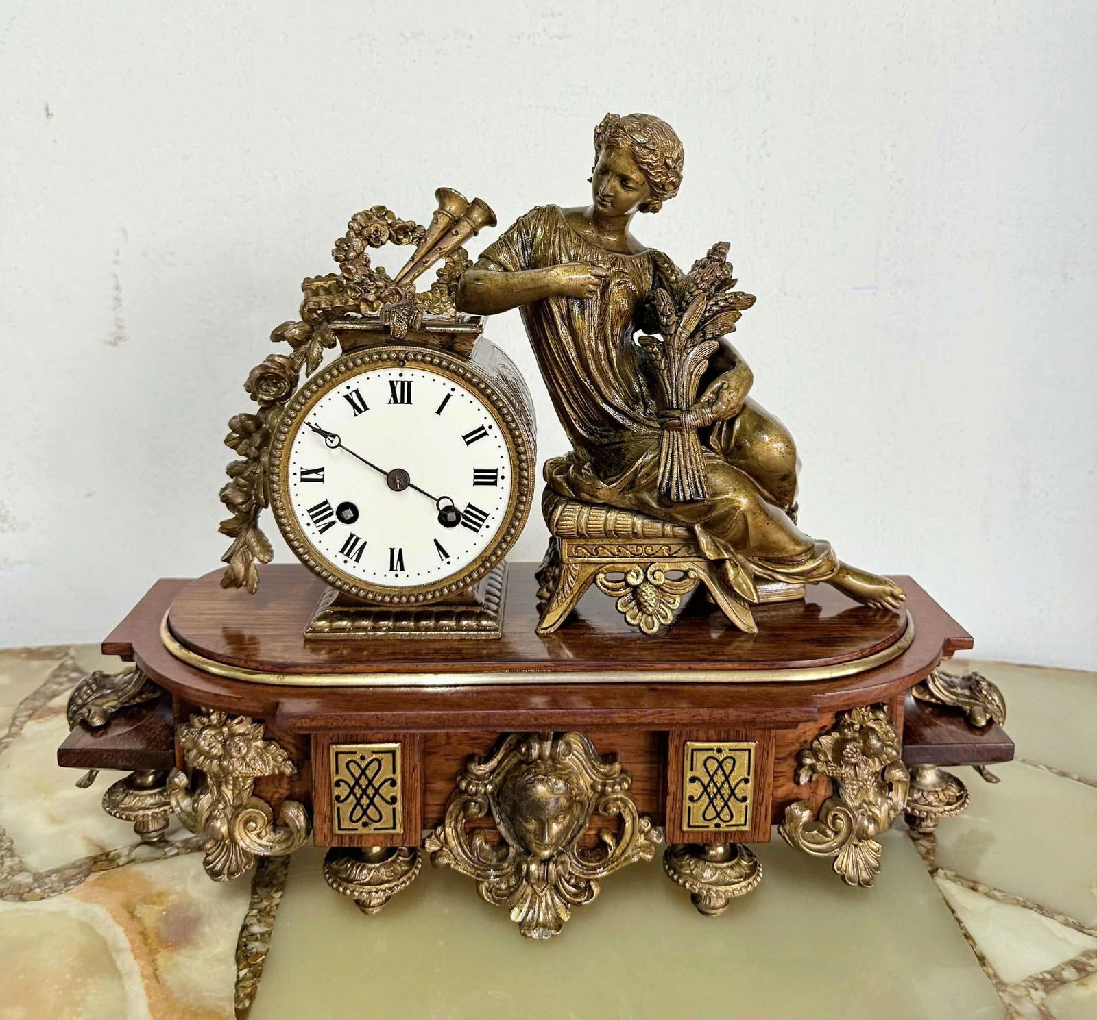 French Figural Mantel Clock, Bronze & Wood Base (1 of 5)