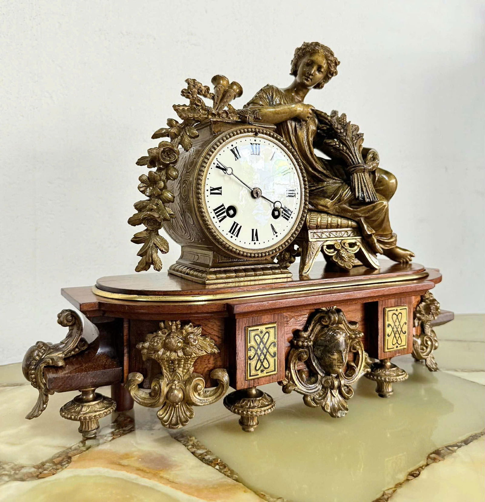 French Figural Mantel Clock, Bronze & Wood Base - 2