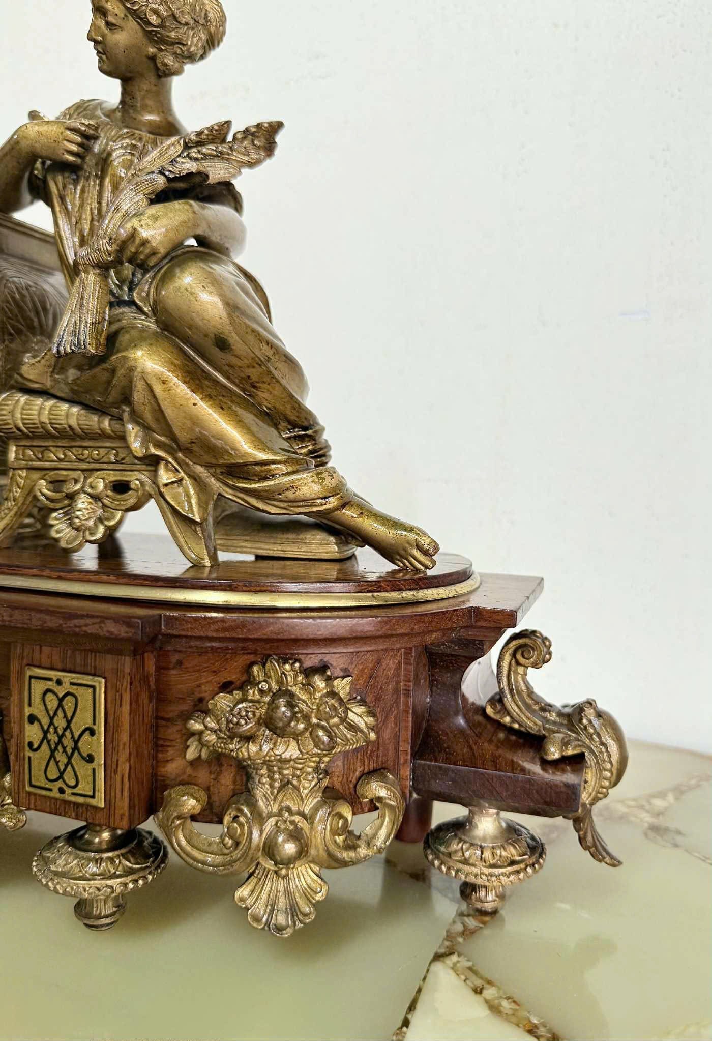 French Figural Mantel Clock, Bronze & Wood Base - 3