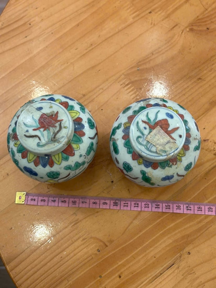 Pair of Antique Chinese Famille Verte Covered Jars: A matched pair of antique Chinese porcelain covered jars, decorated in vibrant famille verte enamels with scrolling floral and foliate motifs. Each jar features a rounded body, short neck, and fitted