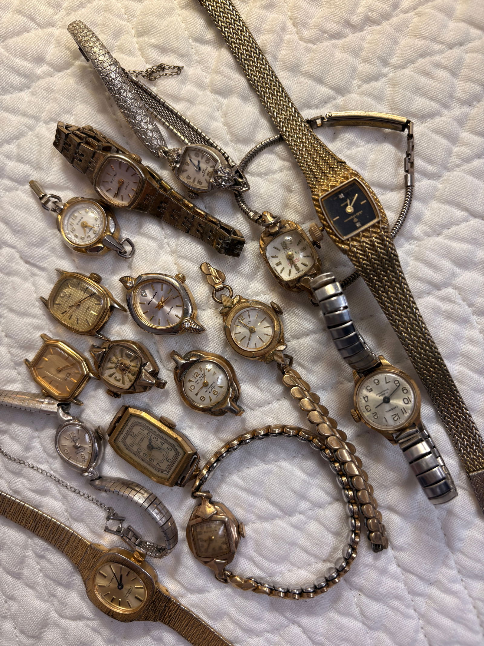 Lot of 16 Vintage Ladies Wristwatches: Group of 16 vintage ladies wristwatches, primarily hand-winding, including Bulova, Timex, Seiko, Caravelle and other brands. Most watches are currently running, but timekeeping accuracy is not guarant