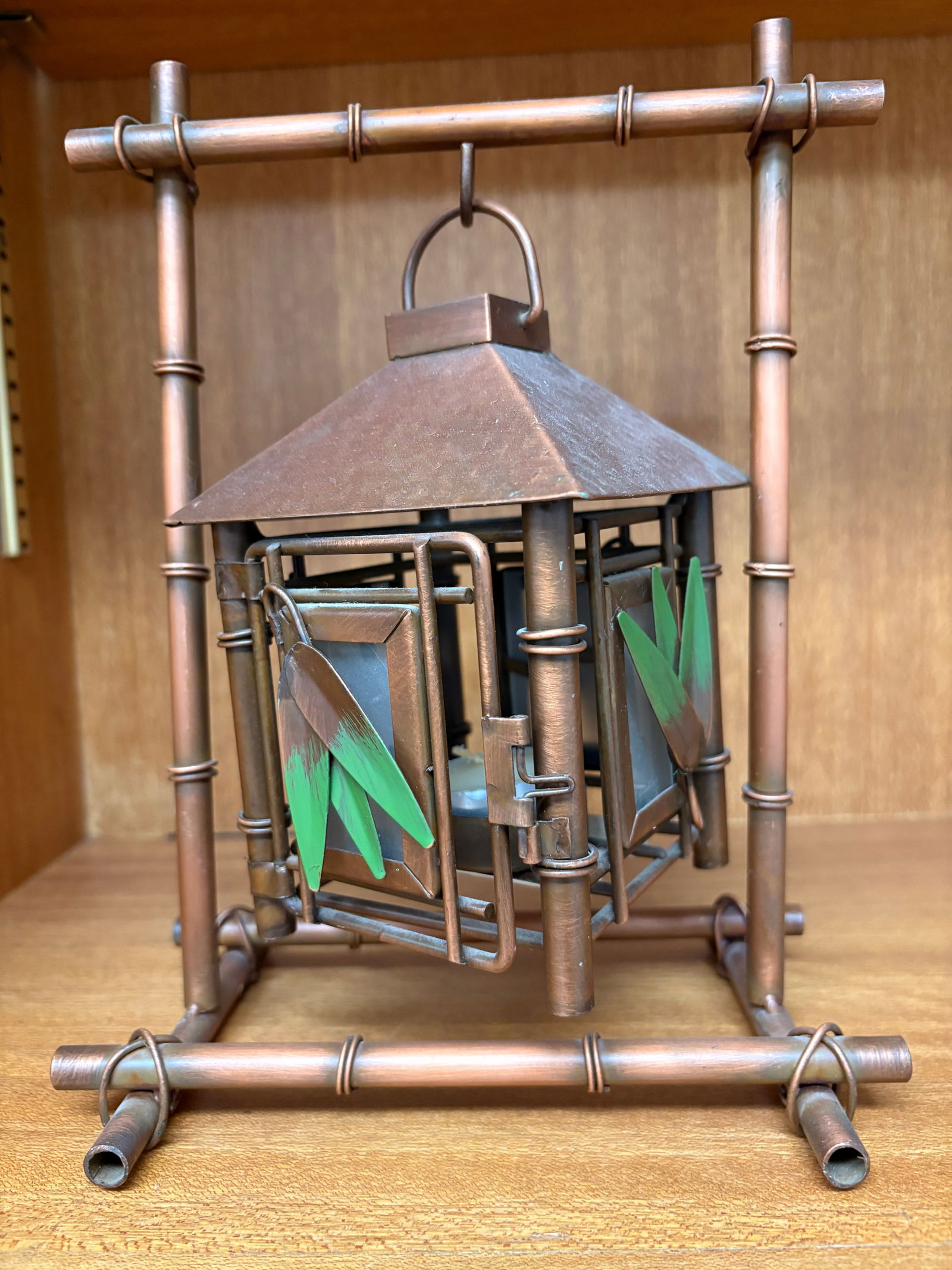 Vintage Hand-Made Copper Hanging Lantern: Decorative vintage lantern made of solid copper with a bamboo-inspired frame design. Hand-crafted construction with visible wrapped joints and natural aged patina. Lantern hangs freely from the top