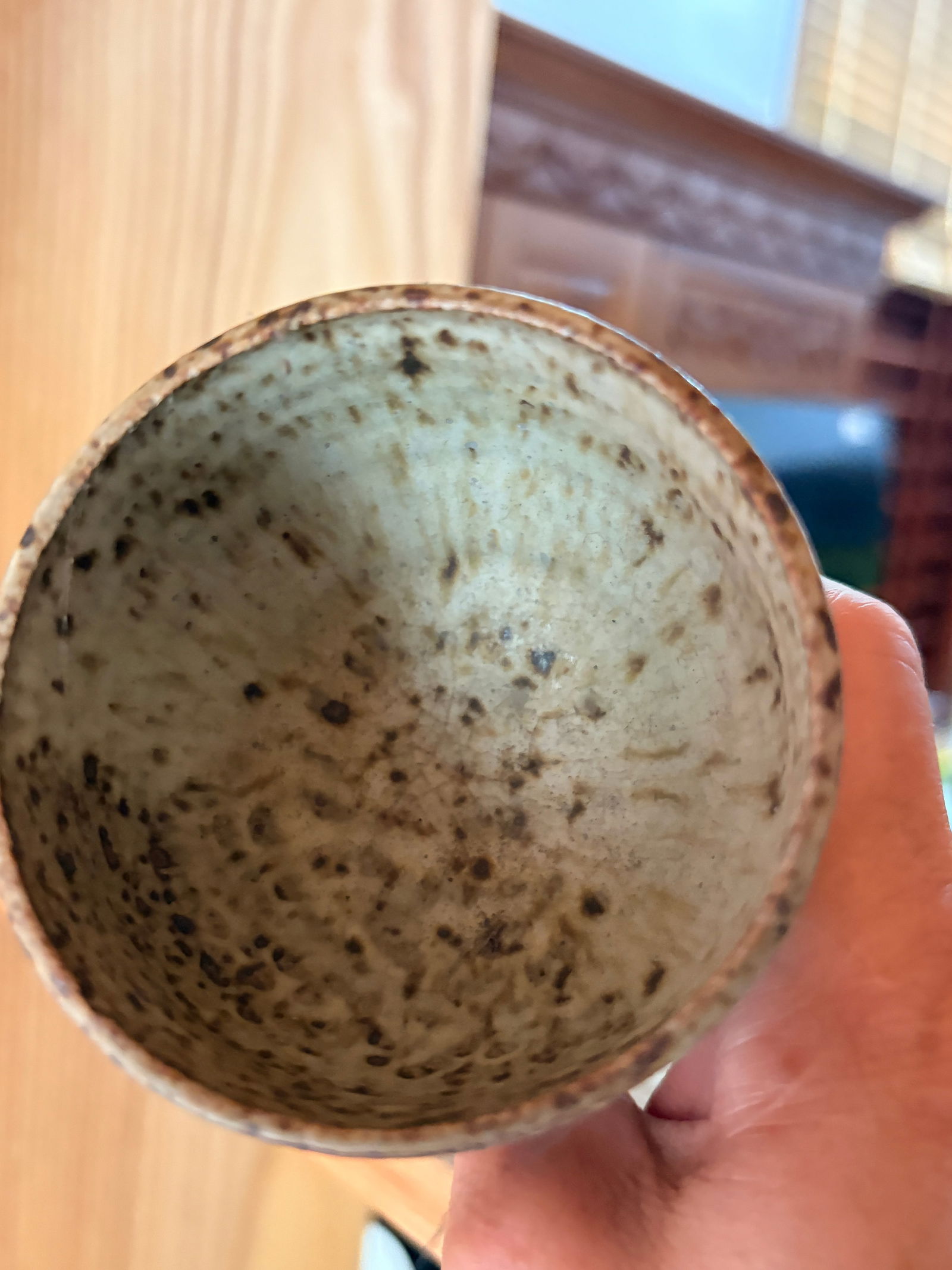 Pair of Studio Pottery Ceramic Chalices, Wheat Motif: Handcrafted pair of studio pottery chalices with warm speckled glaze and applied wheat decoration in relief. Raised on flared pedestal bases with an attractive rustic aesthetic. Suitable for