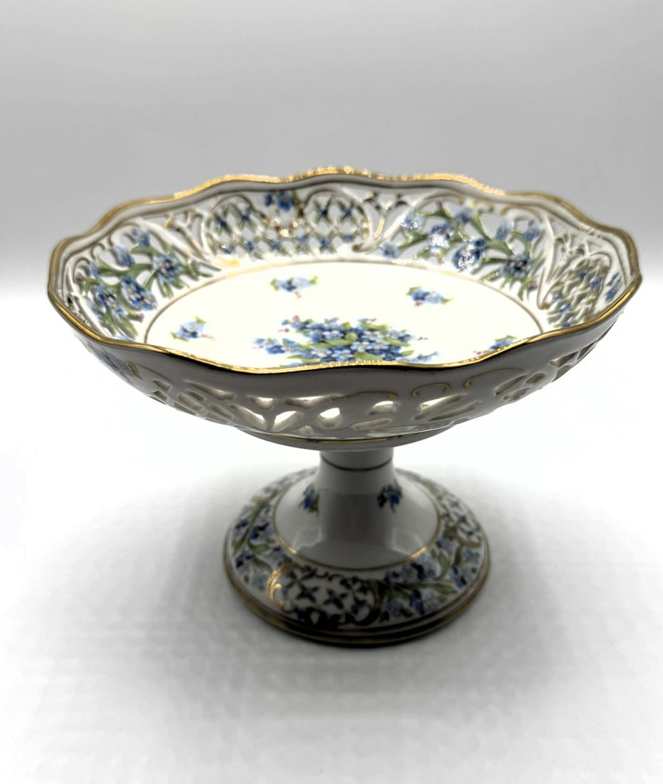 Forget Me Not Compote Dish: Forget Me Not Compote Dish by Schuman Bavaria circa 1945-1963 8" Diameter. Open Latice Border. Minor repair as shown in image below.