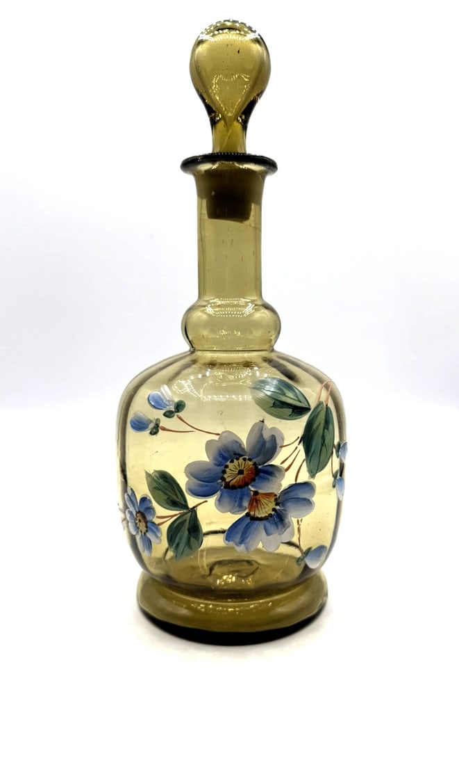 19th Century Blown Olive-Amber Glass Decanter with Enameled Floral Decoration (1 of 3)