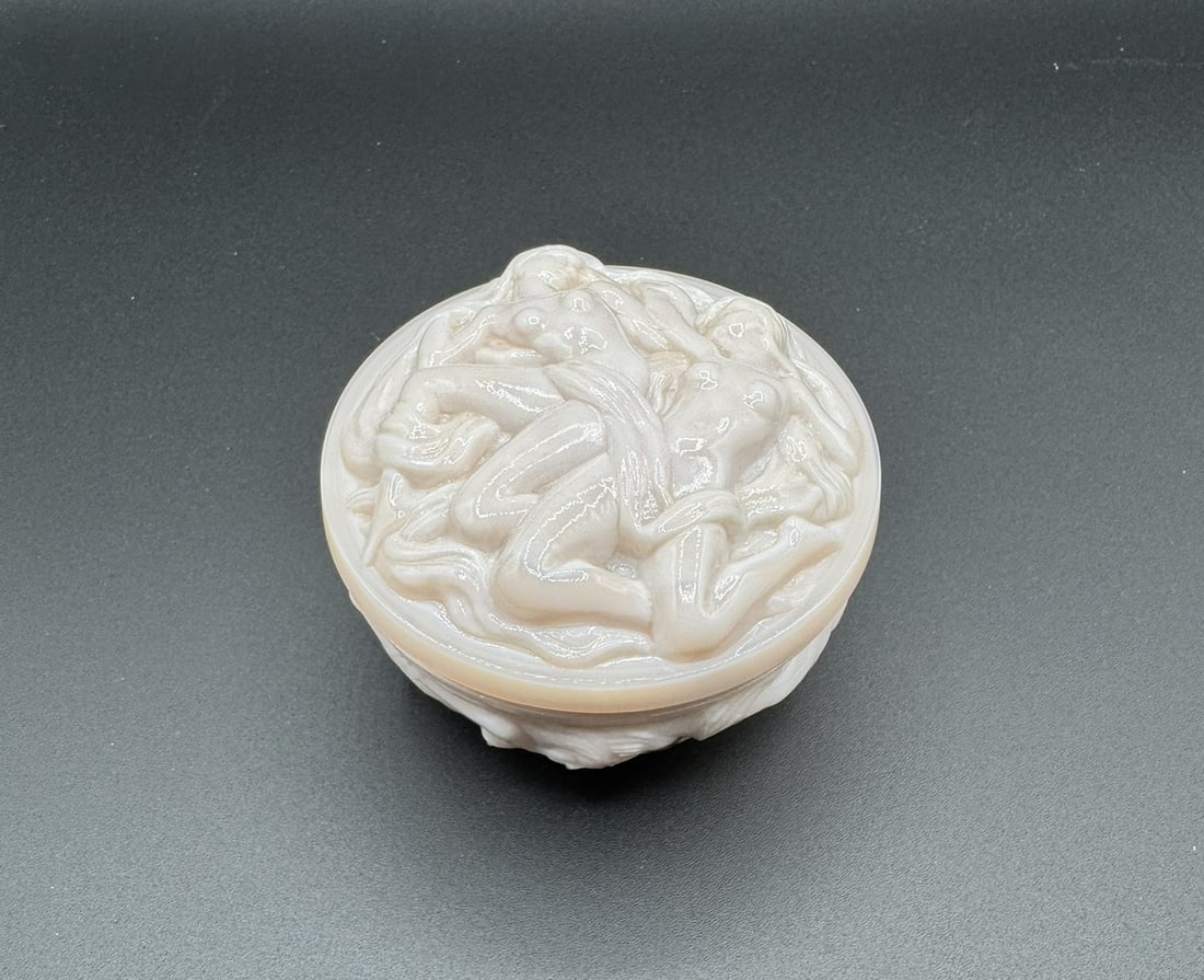 Vintage Nude Relief Art Glass Powder Box – Satin Custard Glass: This listing features a stunning vintage satin custard glass trinket or powder box with a detailed figural nude relief design on the lid and base. Likely inspired by classical or Art Deco motifs, this