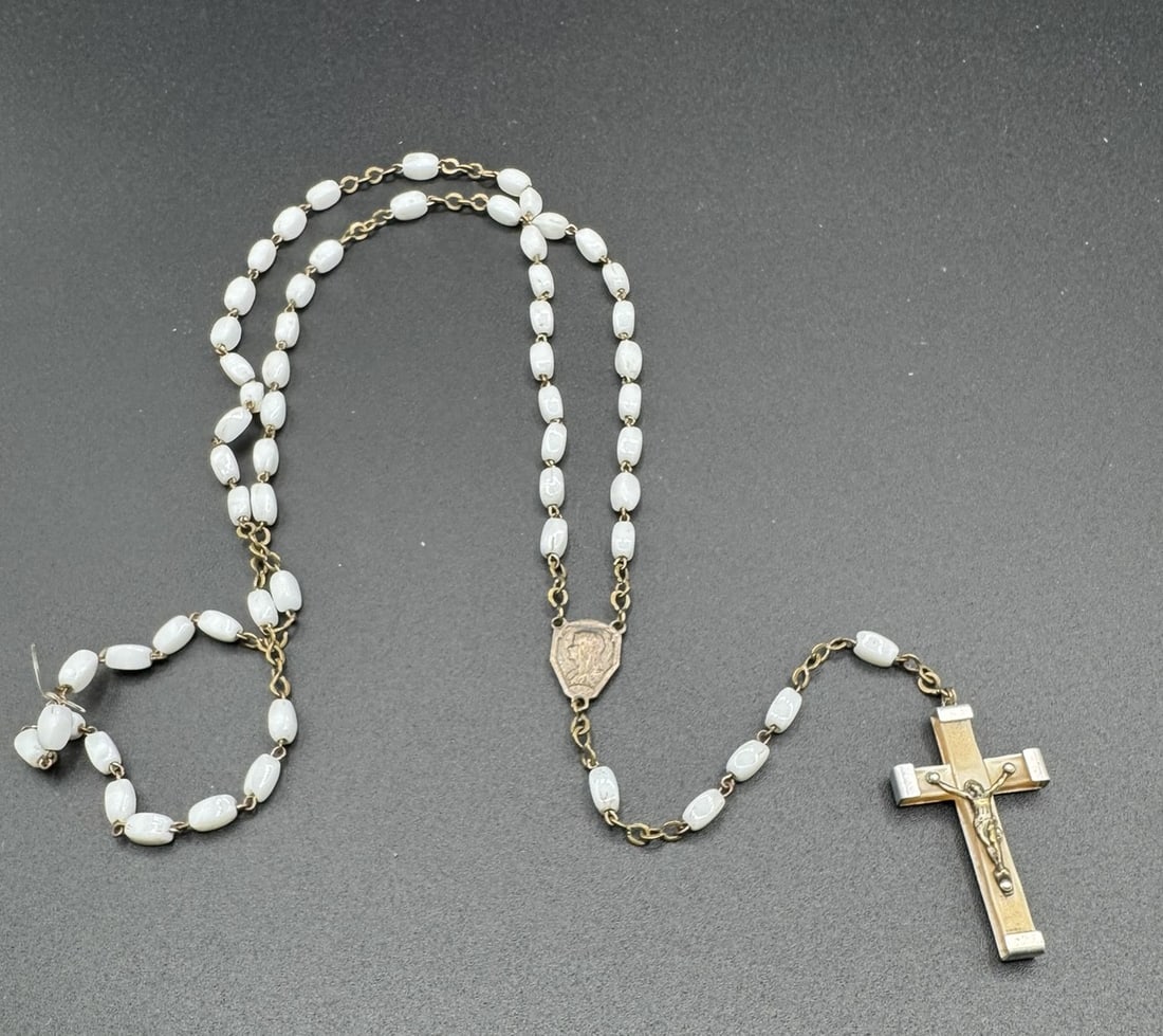 Vintage French White Symbolic Bead Rosary with Two-Tone Crucifix – France (1 of 3)