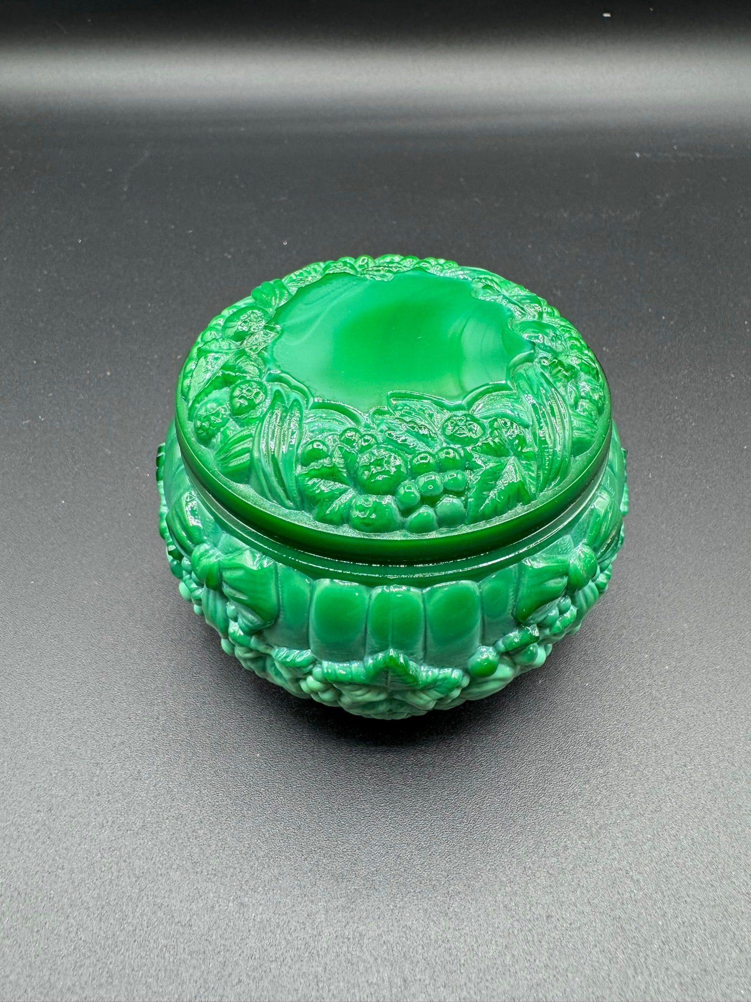 Vintage Green Slag Glass Powder Jar with Fruit Garland Motif (1 of 3)