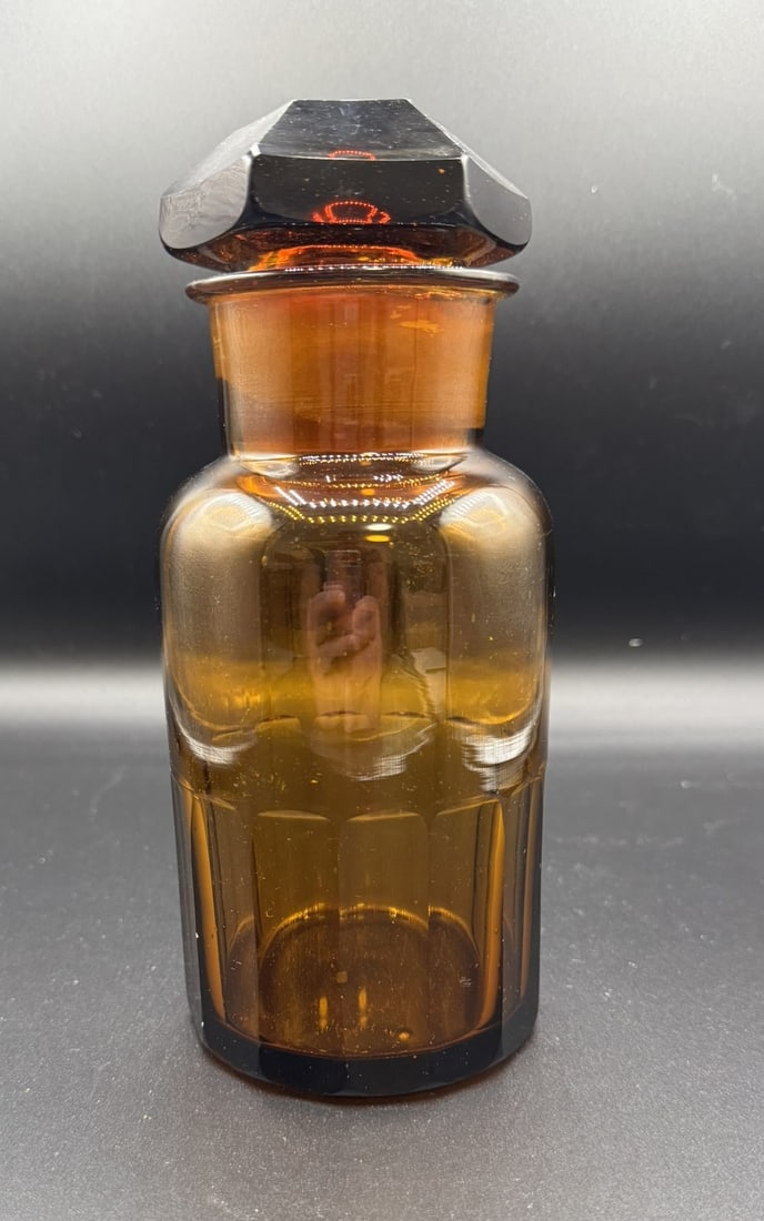 Antique Amber Apothecary Bottle with Faceted Stopper (1 of 3)