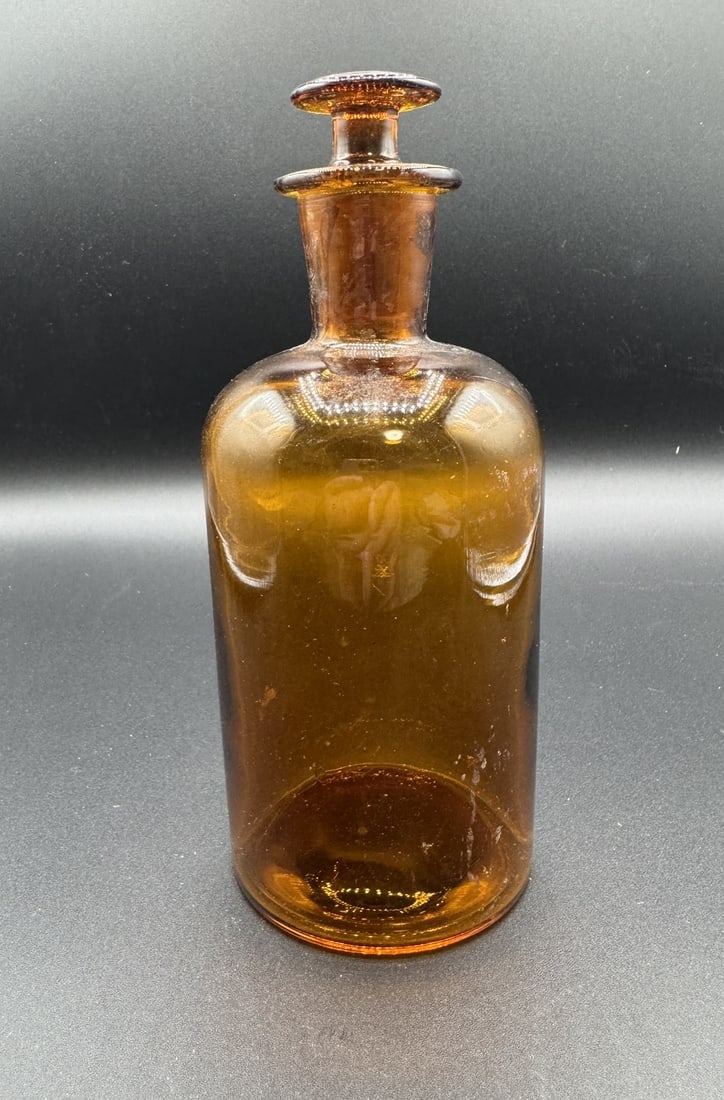 Antique Amber Apothecary Bottle with Flared Glass Stopper (1 of 3)