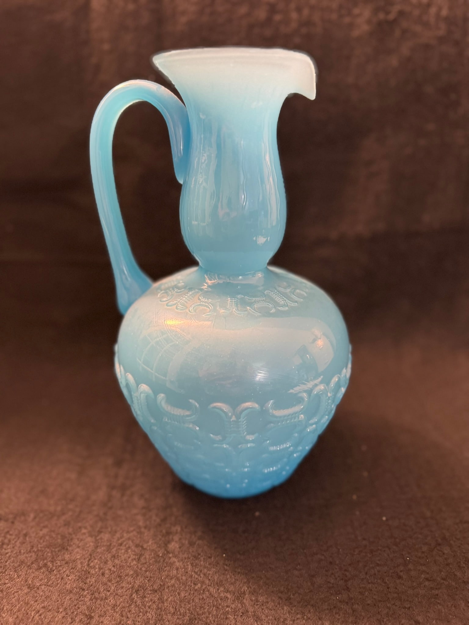 Fenton Blue Opalescent Glass Ewer Pitcher – Daisy and Fern Pattern (1 of 3)