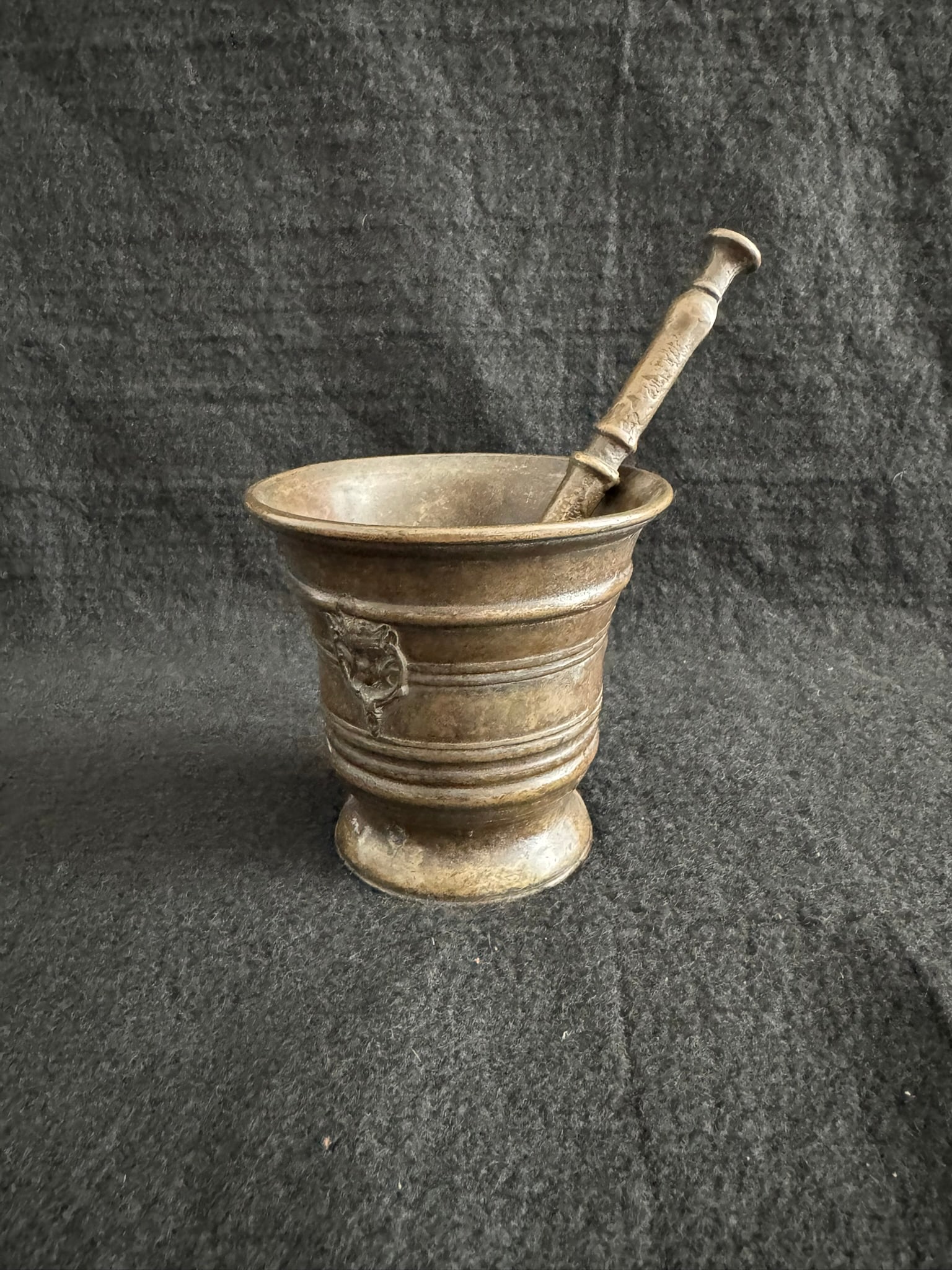 17th Century Bronze Apothecary Mortar & Pestle with Heraldic Medallions – 4” (1 of 2)
