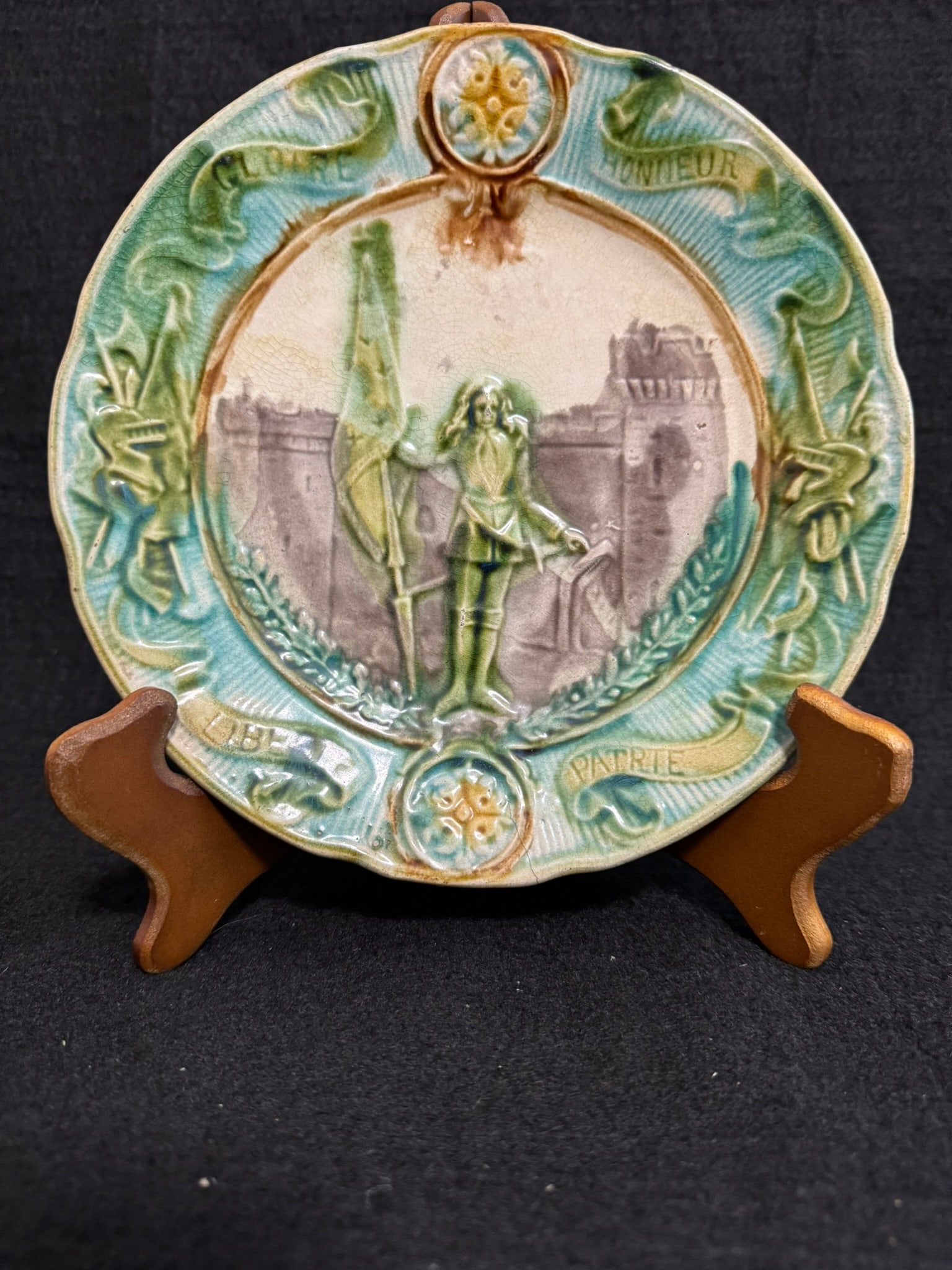 Antique French Majolica Patriotic Plate – Joan of Arc with Flag (1 of 2)