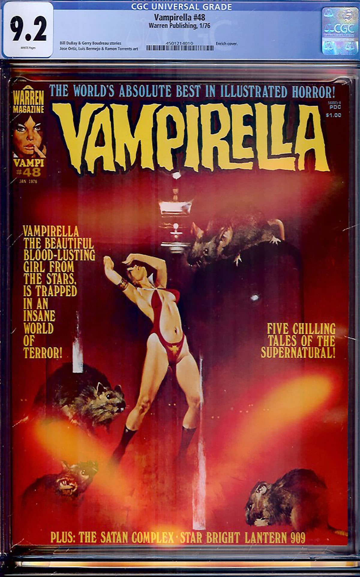 Vampirella #48 (Warren Publishing, 1975) CGC graded 9.2 Near Mint- with White Pages .: Vampirella #48 (Warren Publishing, 1975) CGC graded 9.2 Near Mint- with White Pages. Attractive mid-1970s issue from Warren Publishing’s flagship horror series, featuring the iconic Vampirella chara