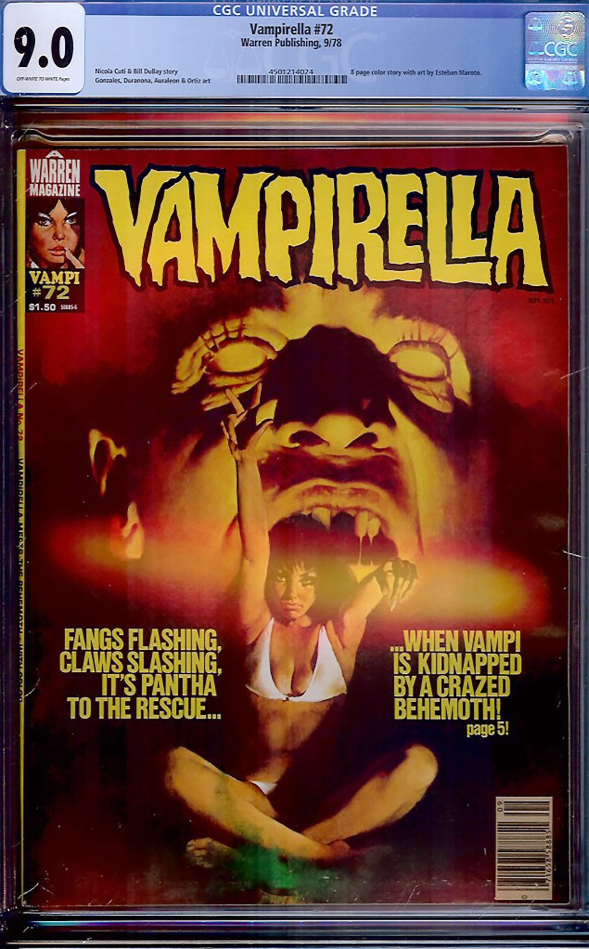 Vampirella #72 (Warren Publishing, 1979) CGC graded 9.0 Very Fine/Near Mint with Off-White to: Vampirella #72 (Warren Publishing, 1979) CGC graded 9.0 Very Fine/Near Mint with Off-White to White Pages. High-grade late-run Vampirella issue, appealing to collectors focused on condition-sensitive