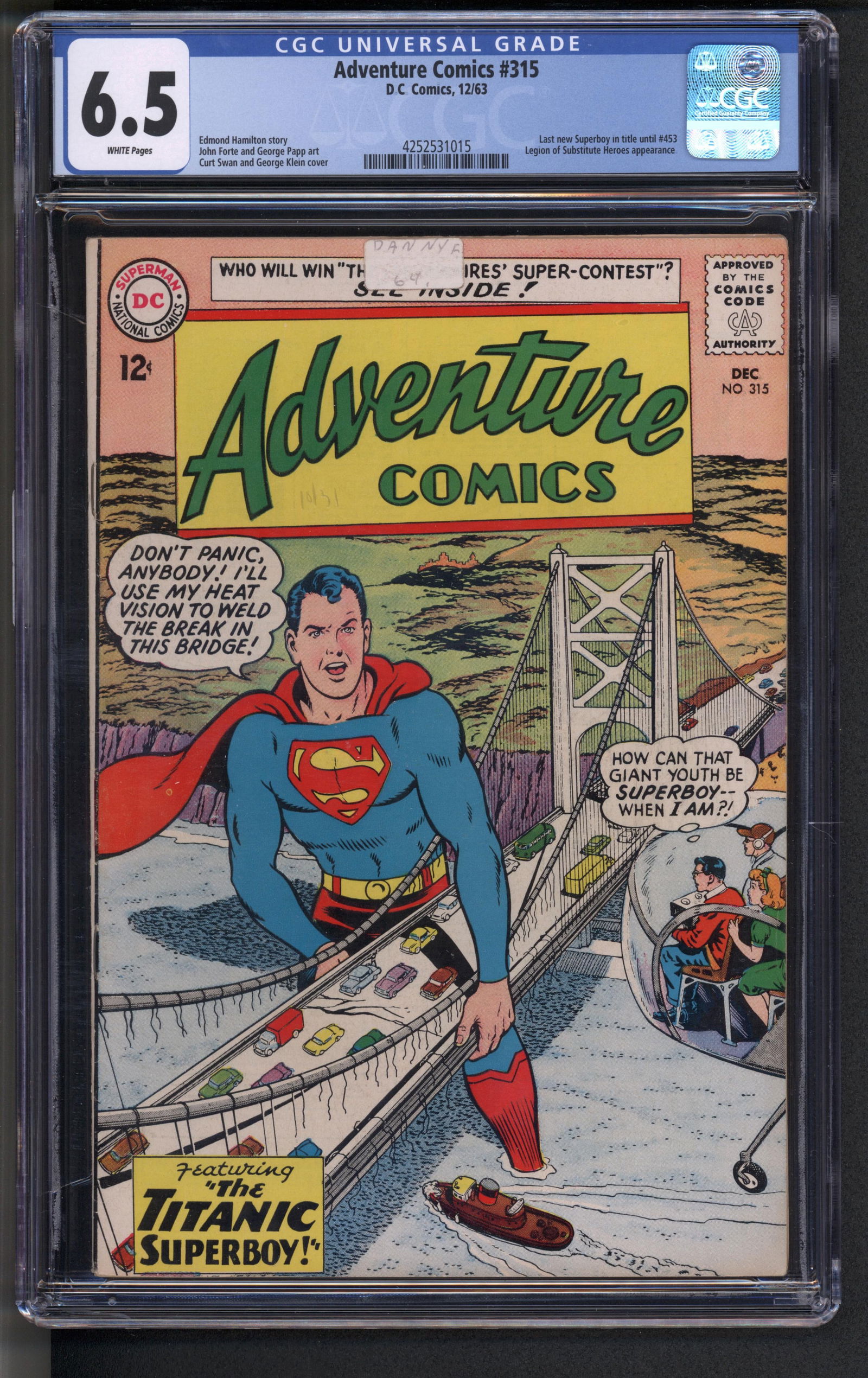 Adventure Comics #315 (DC Comics, December 1963) CGC 6.5 with white pages. Story by Edmond (1 of 1)