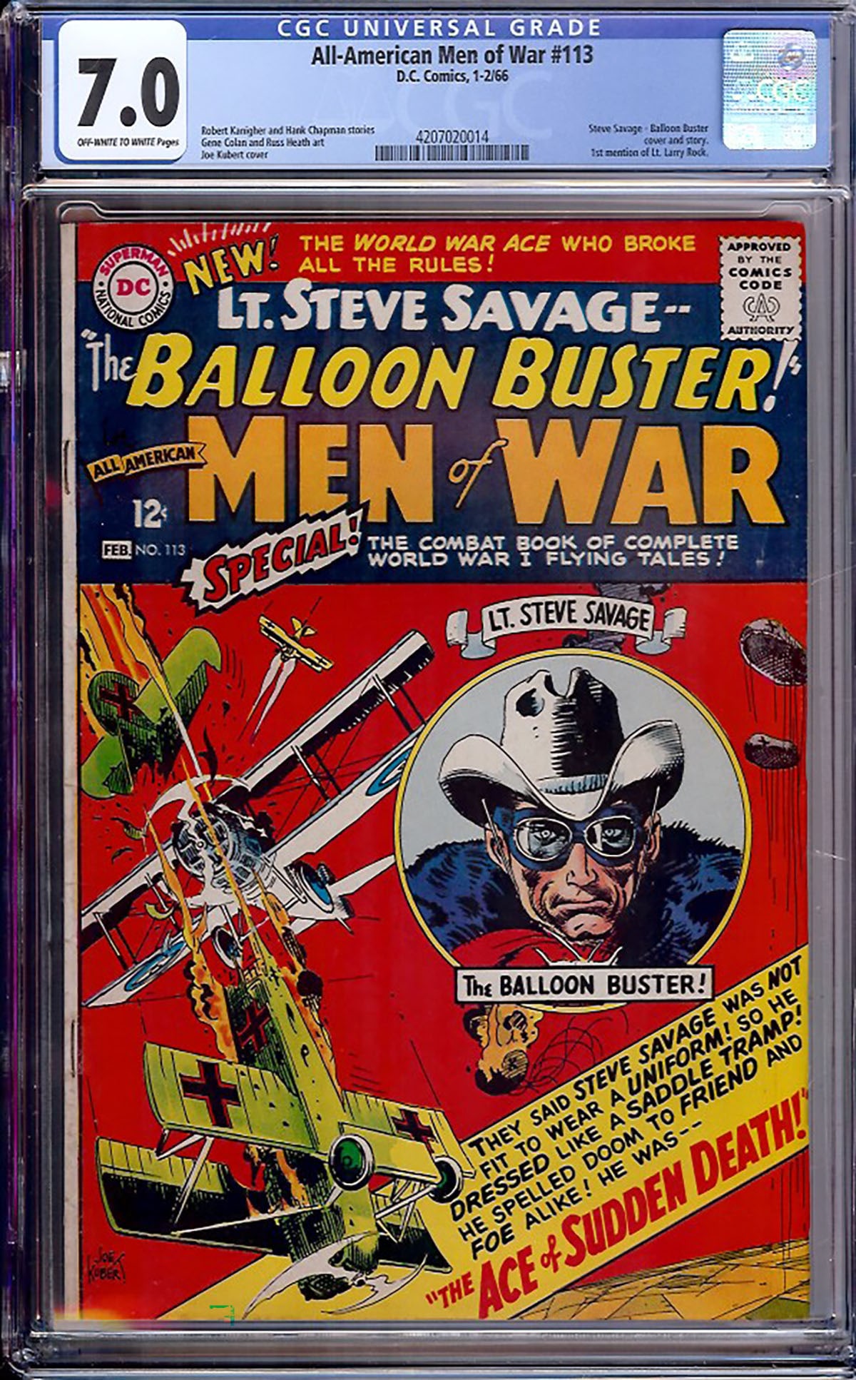 All-American Men of War #113 (DC Comics, February 1966) CGC 7.0 — KEY 1st Appearance of Lt. Steve: All-American Men of War #113 (DC Comics, February 1966) CGC 7.0 — KEY 1st Appearance of Lt. Steve Savage “The Balloon Buster” This listing features All-American Men of War #113 (February 196
