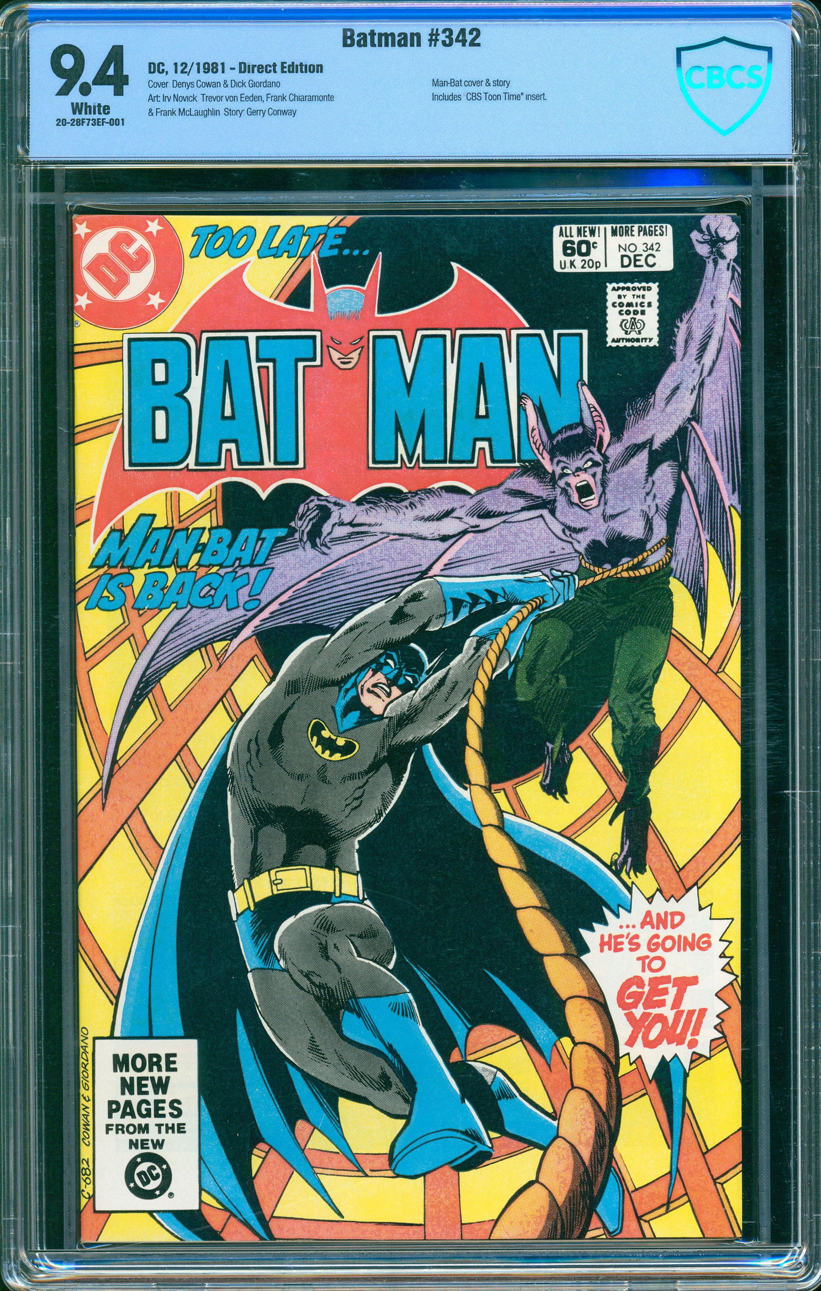 Batman #342 (DC Comics, December 1981) CBCS 9.4 White Pages – “Man-Bat Is Back!” Bronze (1 of 1)