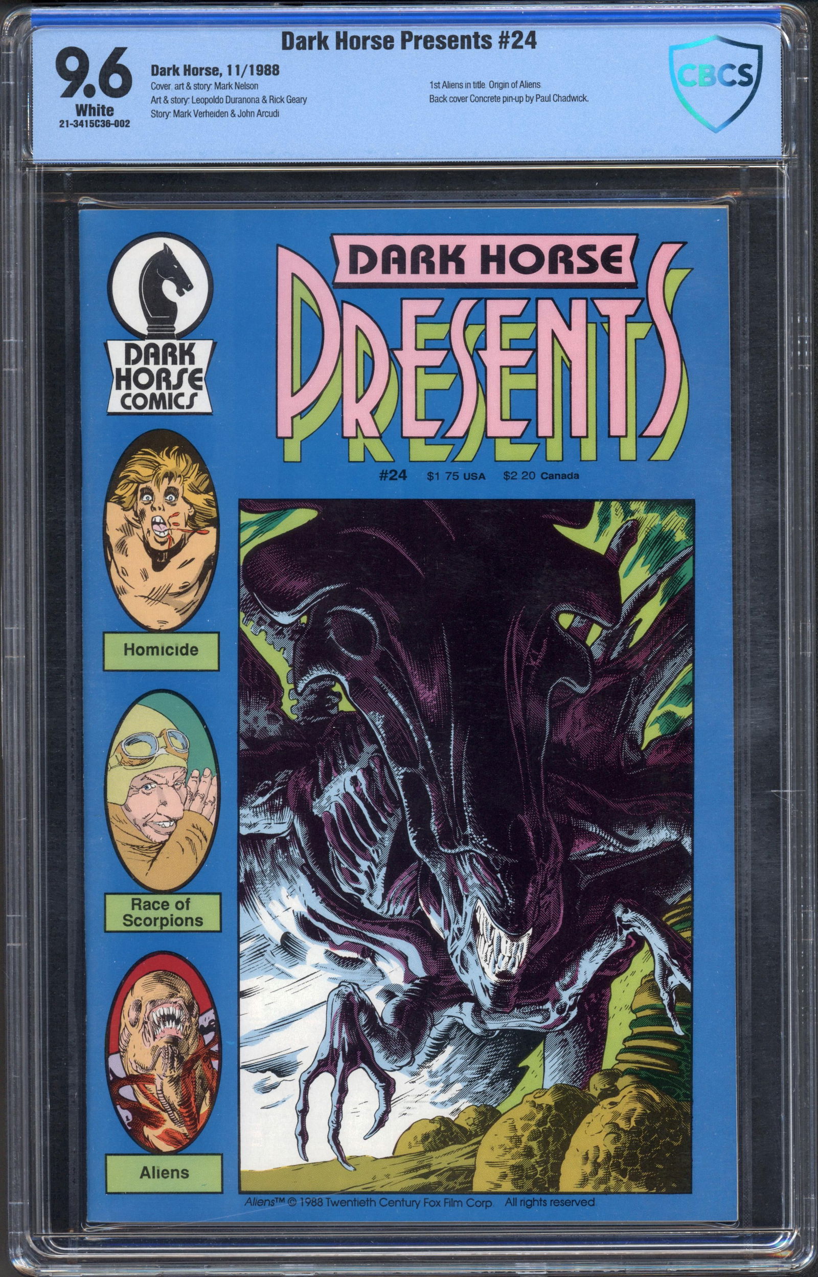 DARK HORSE PRESENTS #24 NOVEMBER 1988 CBCS 9.6 NM+ (FIRST ALIENS) . Rare collectible with strong (1 of 1)