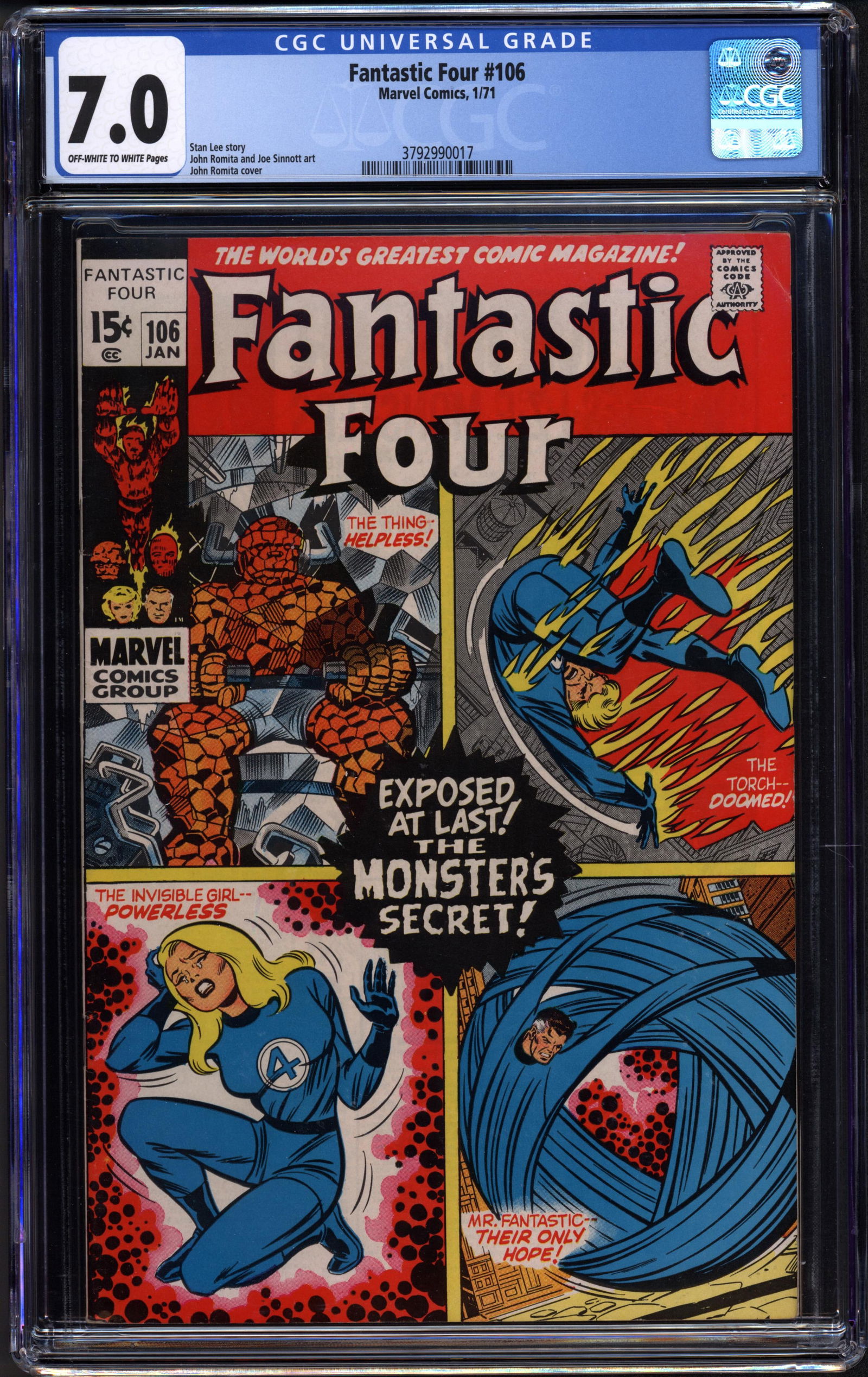 Fantastic Four #106 CGC 7.0 ow/w Rare collectible with strong visual appeal and excellent display (1 of 1)