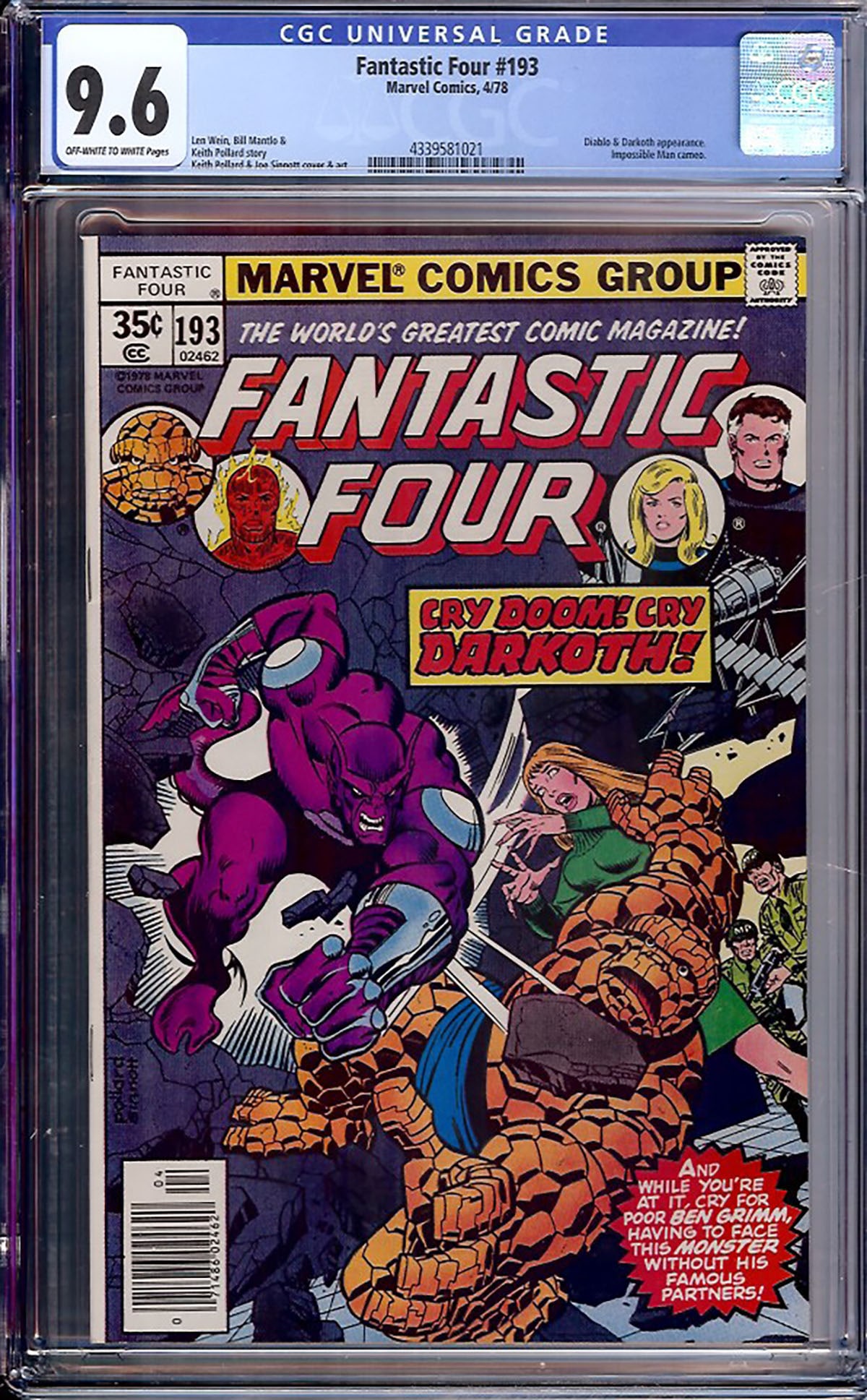 Title: Fantastic Four #193 Publisher: Marvel Comics Cover Date: April 1978 Grade: CGC 9.6 (1 of 1)
