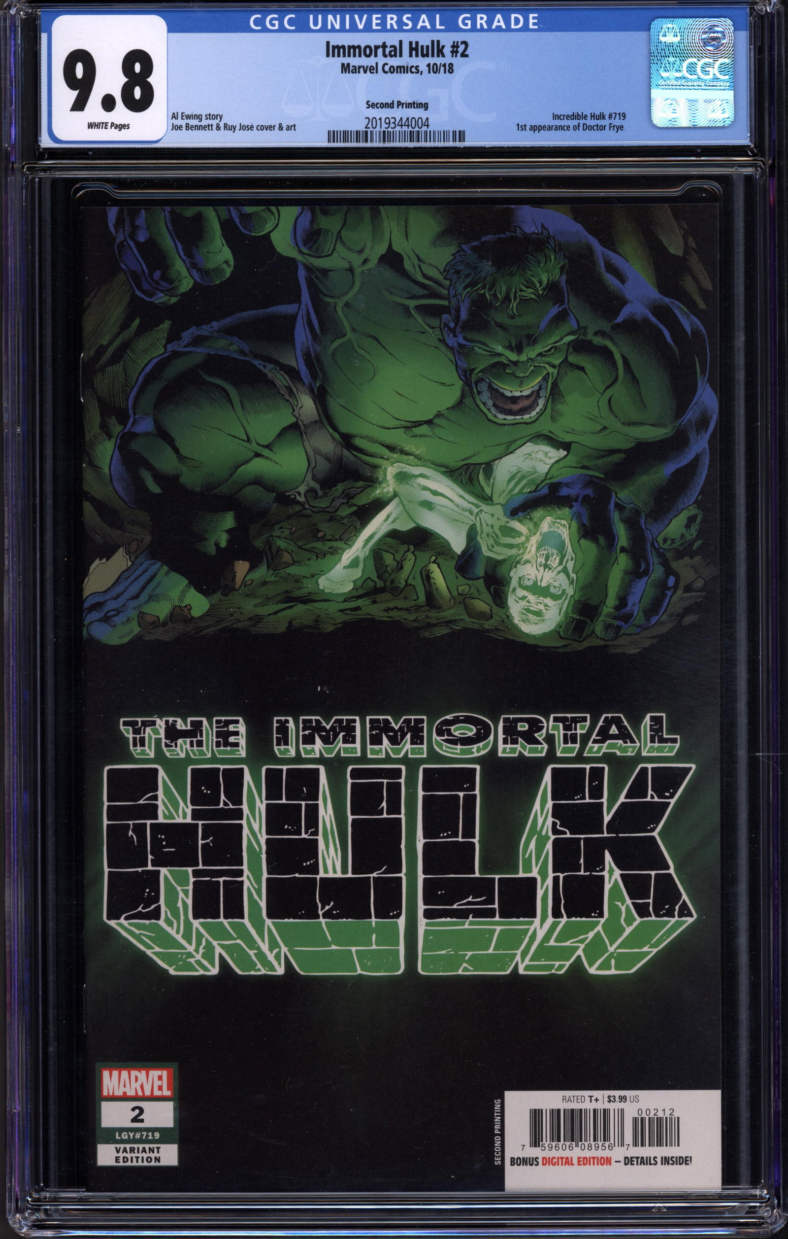 IMMORTAL HULK #2 OCTOBER 2018 CGC 9.8 NM/MINT (SECOND PRINTING - FIRST DOCTOR FRYE) . Rare (1 of 1)