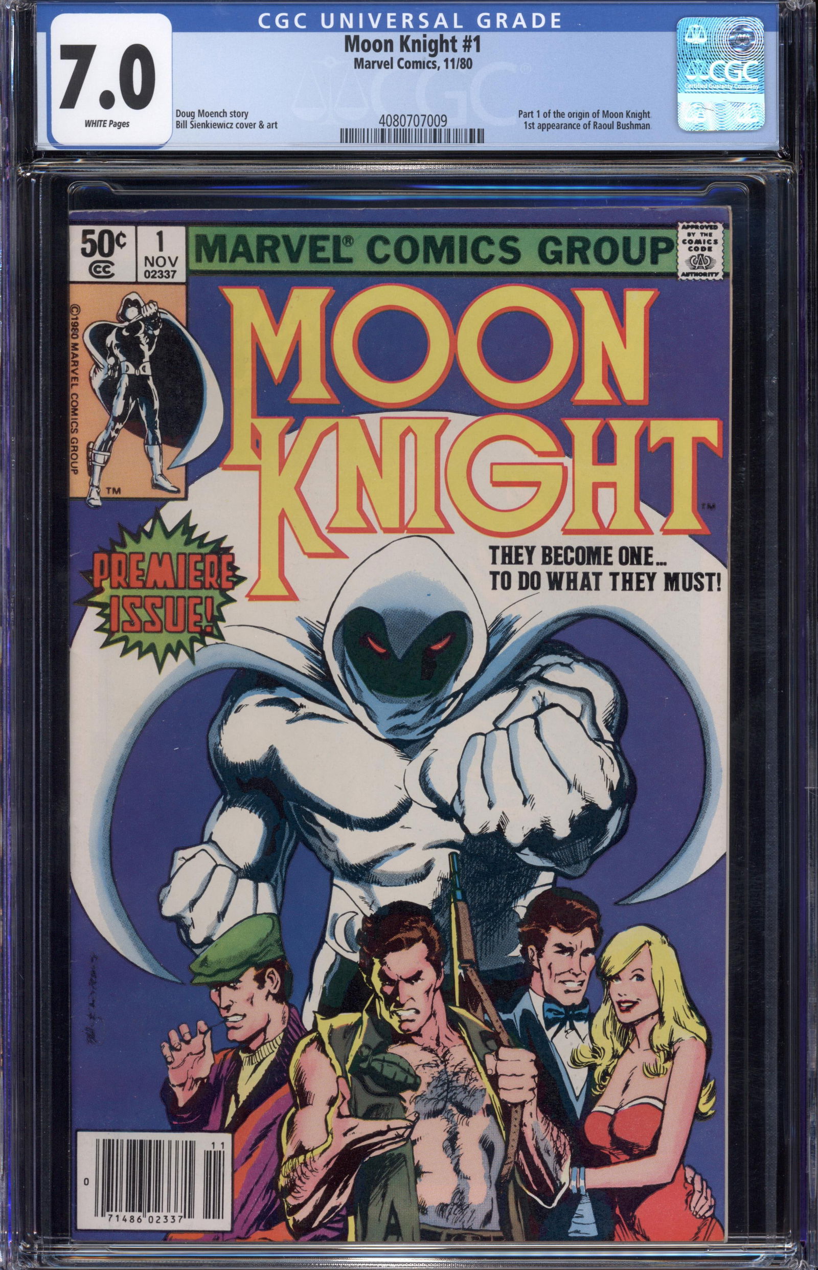 MOON KNIGHT #1 NOVEMBER 1980 CGC 7.0 FINE/VF. Rare collectible with strong visual appeal and: MOON KNIGHT #1 NOVEMBER 1980 CGC 7.0 FINE/VF. Rare collectible with strong visual appeal and excellent display quality. Perfect for any pop culture enthusiast or serious collector.