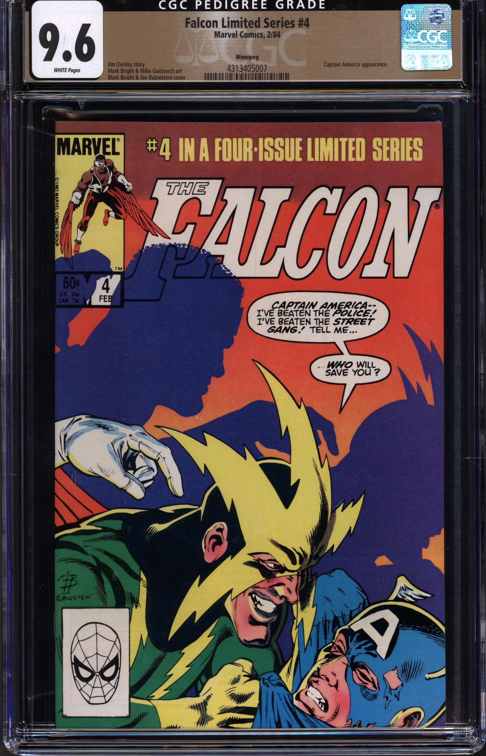 Falcon Limited Series #4 (Marvel) CGC 9.6 — Winnipeg Pedigree A standout high-grade CGC 9.6: Falcon Limited Series #4 (Marvel) CGC 9.6 — Winnipeg Pedigree A standout high-grade CGC 9.6 (Near Mint+) example from Marvel’s Falcon limited series, featuring the desirable Winnipeg Pedigree desi