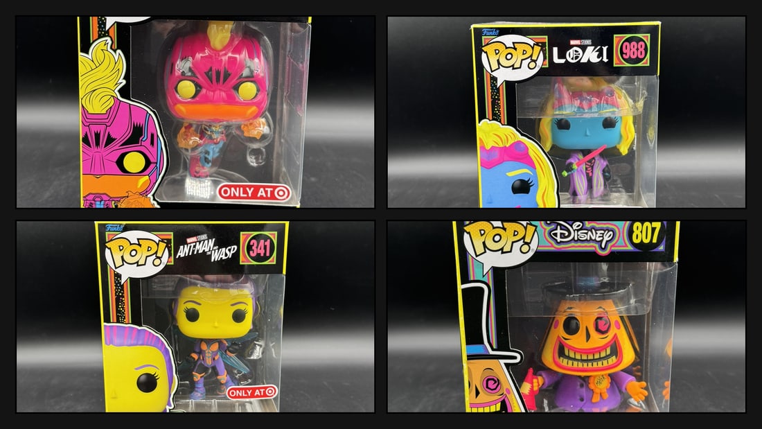 Description: Group lot of four Funko Pop! vinyl figures,including Marvel and Disney characters, (1 of 5)