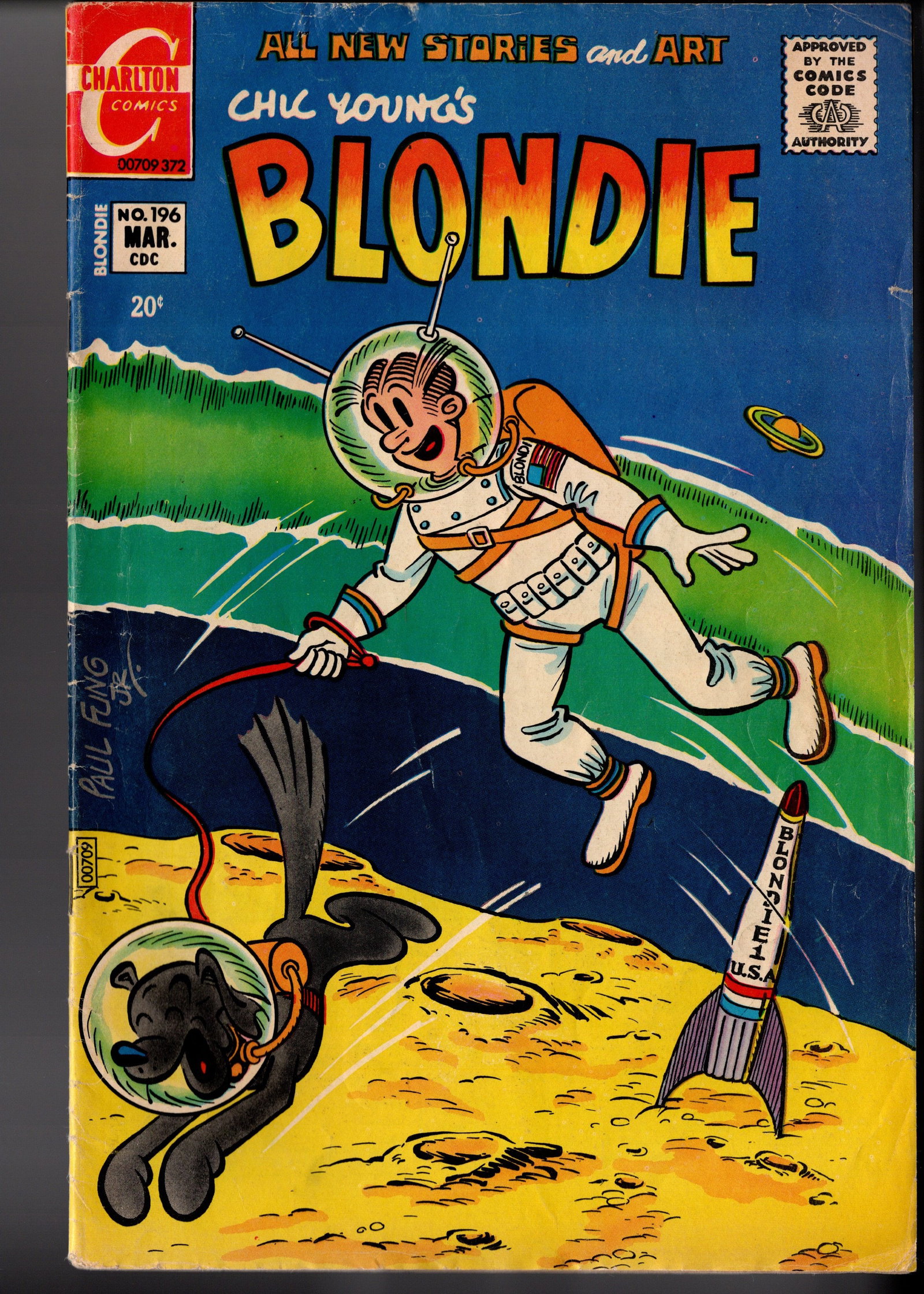 Blondie #196 Charlton Space Cover: Blondie #196 (Charlton Comics, March 1973). Fun Bronze Age humor issue featuring an unusual and collectible space-themed cover with Blondie and Dagwood in astronaut gear on the moon. Classic Charlton