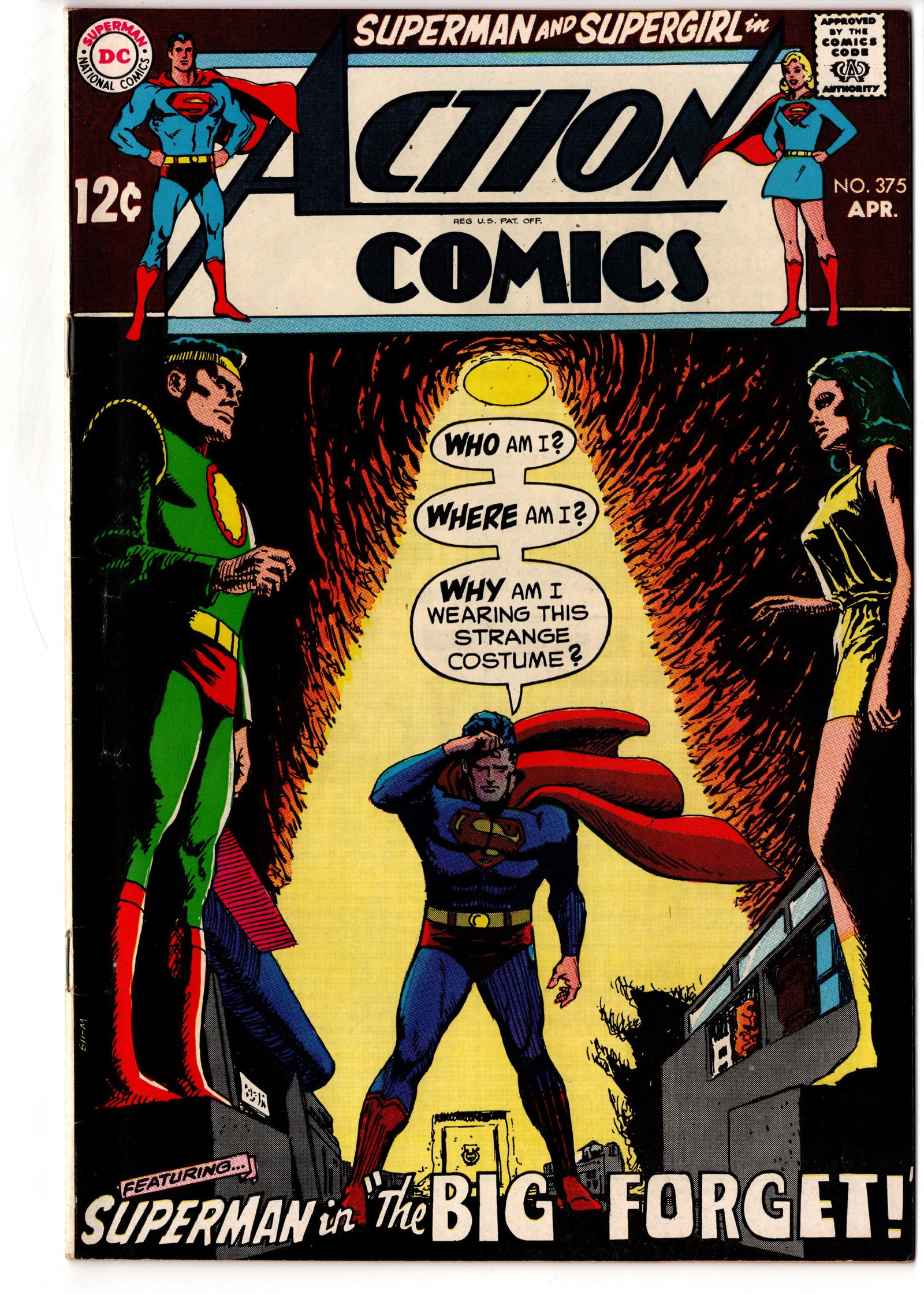 Action Comics #375 (1969) DC Silver Age: Action Comics #375 (1969) DC Silver Age issue featuring Superman and Supergirl in ?The Big Forget!? Classic late Silver Age cover with strong black background contrast and sci-fi mystery appeal. This 