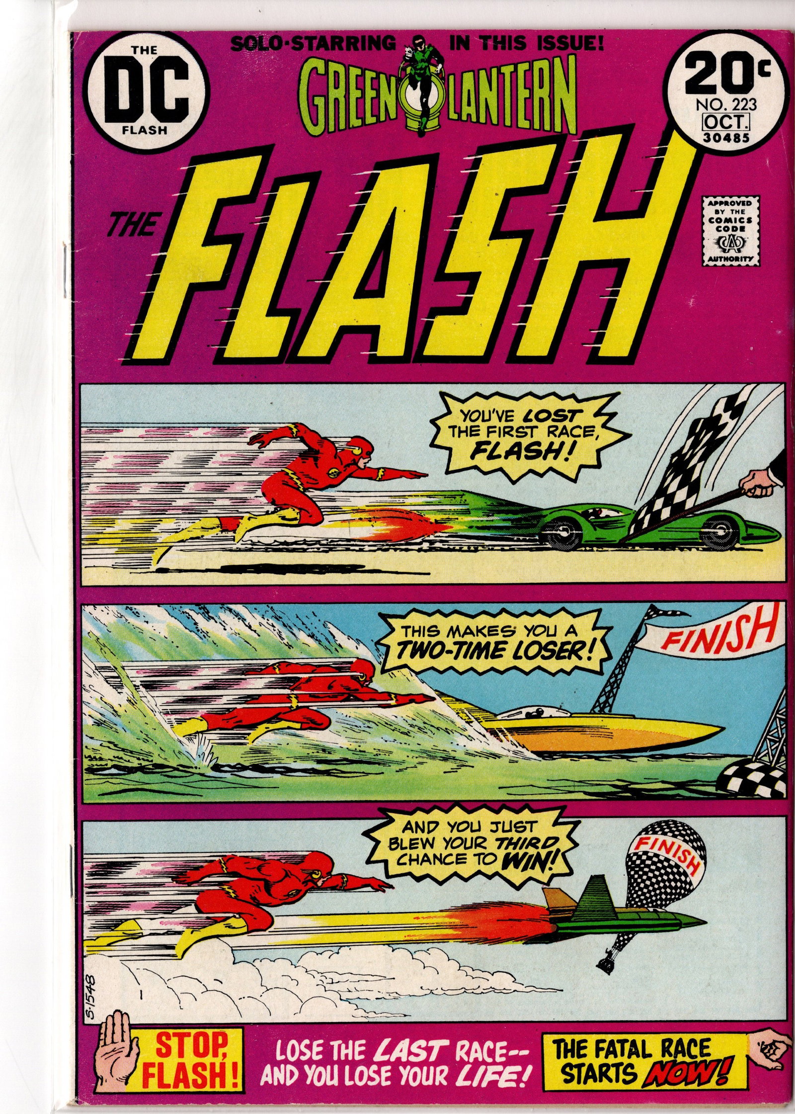 The Flash #223: The Flash #223 (DC Comics, October 1973). Bronze Age Flash issue featuring a bold magenta cover and Green Lantern guest appearance banner. Dynamic race-themed cover design with classic Carmine