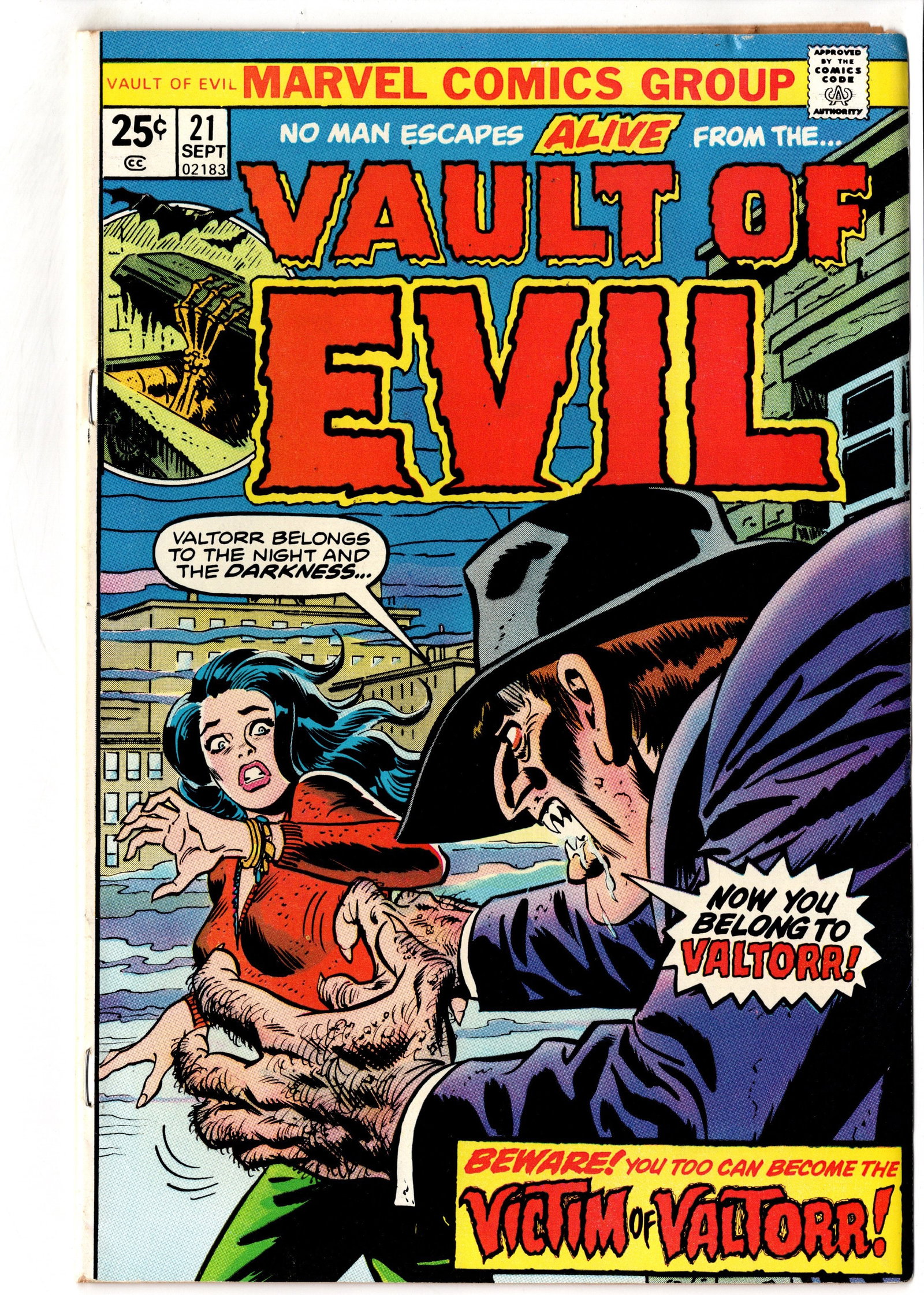 Vault of Evil #21 (1975) Marvel: Bronze Age Marvel horror issue from the Vault of Evil series featuring a classic horror cover with strong visual presentation and vibrant colors. Copy retains solid gloss and clean centering with