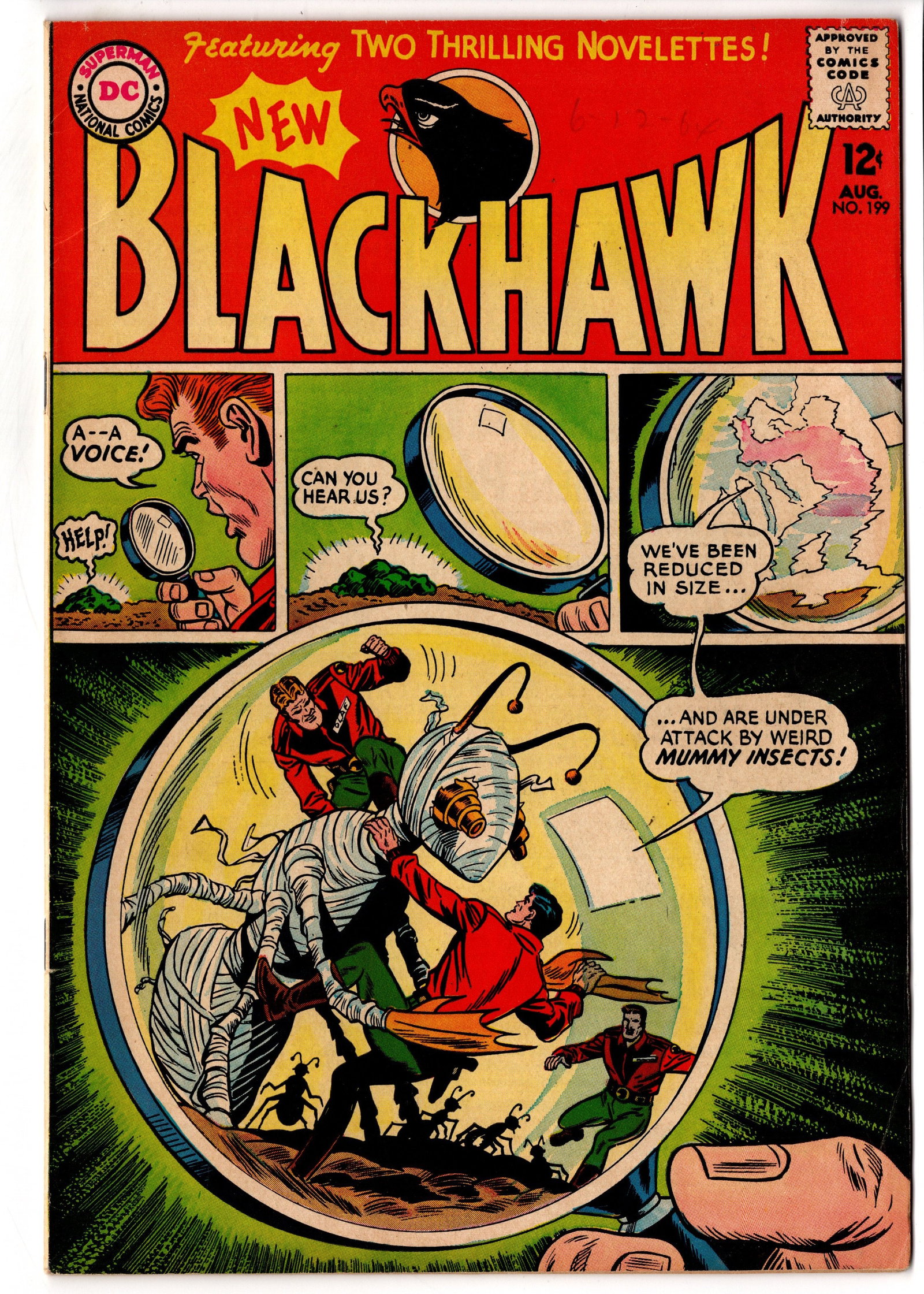 Blackhawk #199 (1964) DC: Silver Age DC Blackhawk issue featuring an unusual oversized insect/microscopic peril cover concept with strong visual appeal. Copy presents bright colors, decent gloss, and strong centering for the