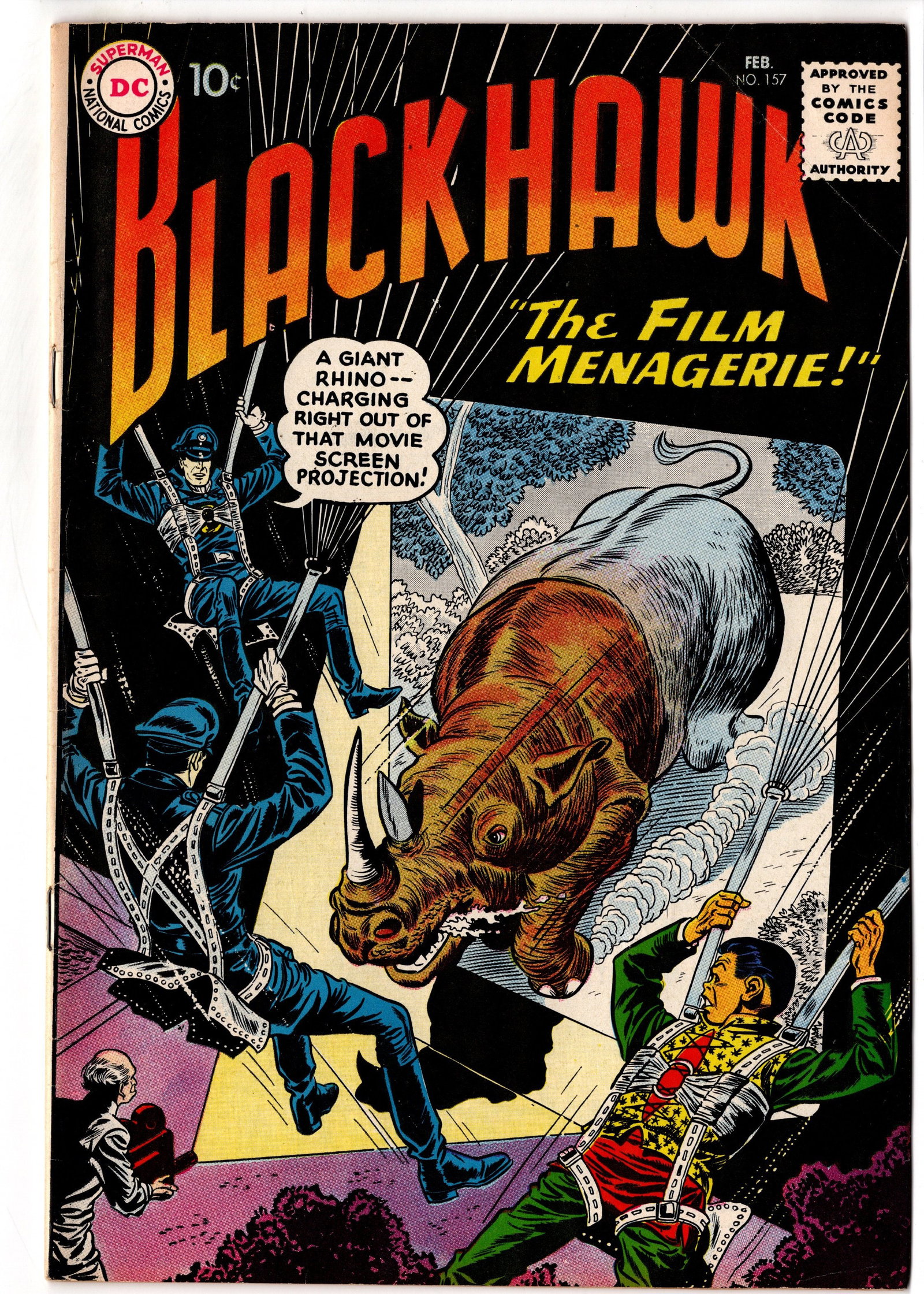 Blackhawk #157 (1961) DC: Silver Age DC Blackhawk issue featuring a dramatic giant rhino cover with strong period adventure/sci-fi appeal. Copy presents very well overall with deep blacks, strong color brightness, and solid