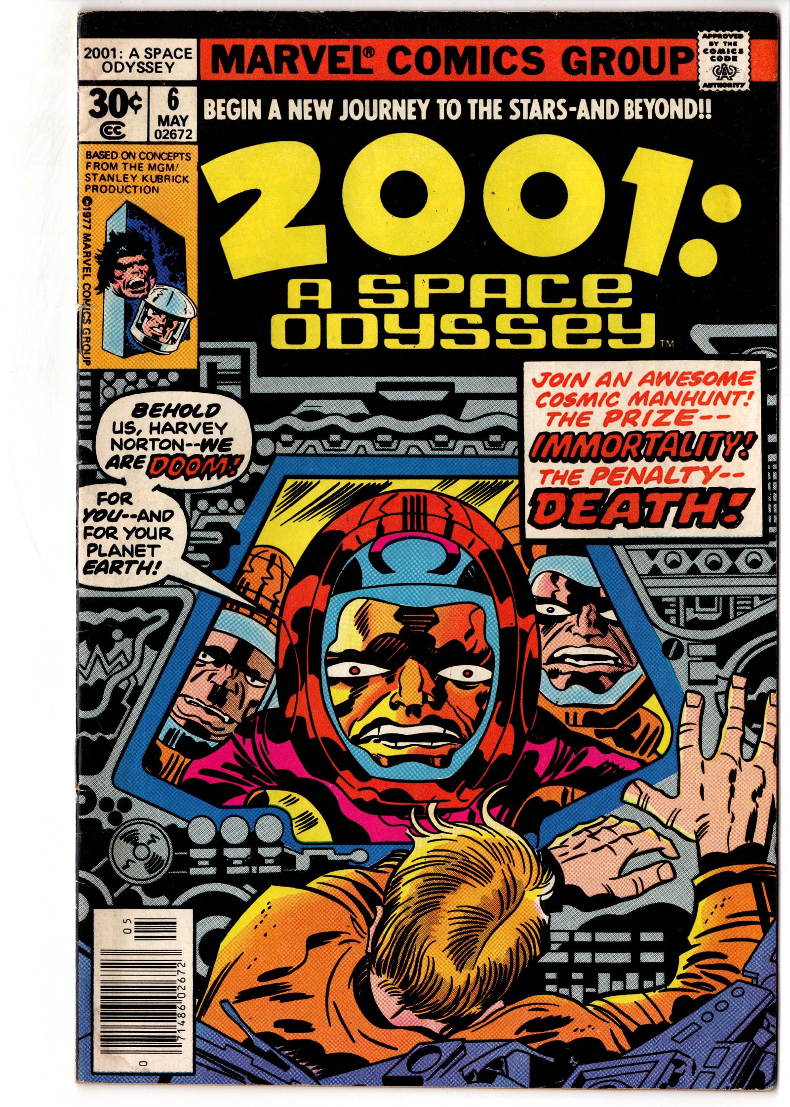 2001: A Space Odyssey #6 (1977) Marvel: Bronze Age Marvel adaptation/spinoff issue inspired by Stanley Kubricks 2001: A Space Odyssey. Copy presents strong color saturation and attractive black cover contrast with solid overall eye appeal.