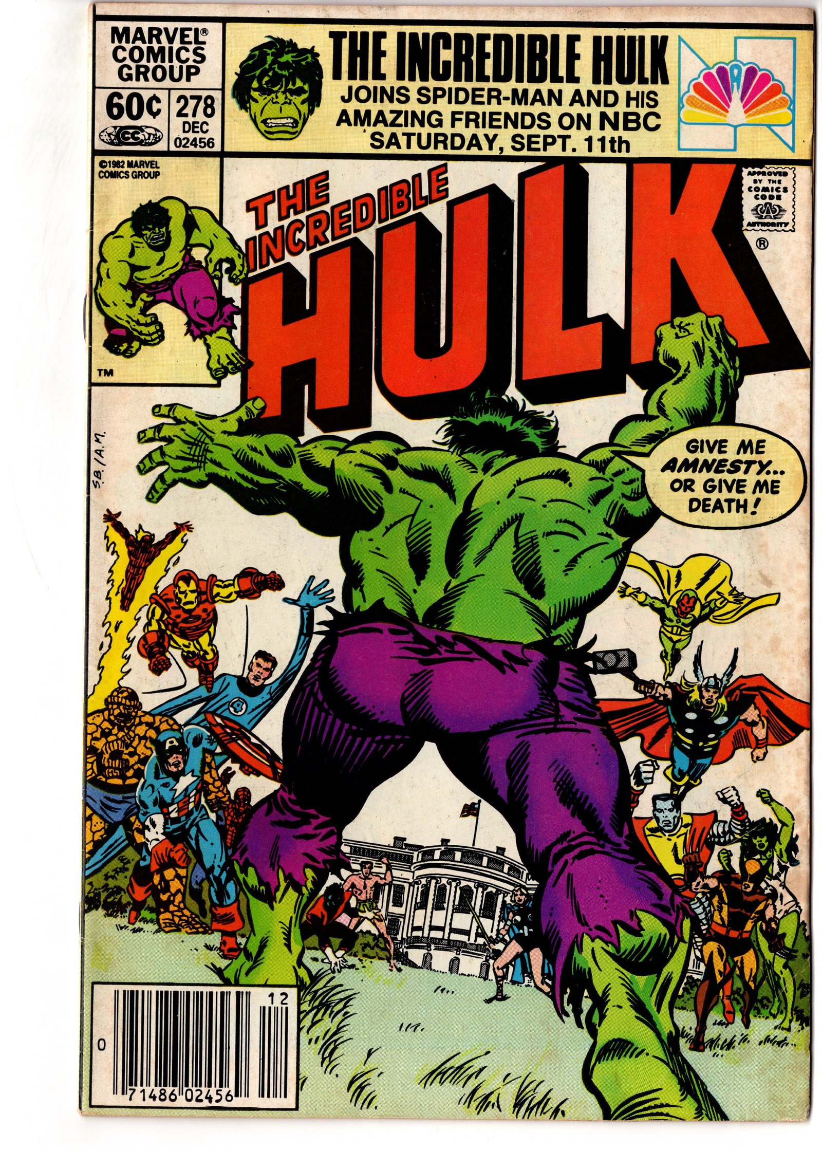 Incredible Hulk #278 (1982) Marvel: Bronze Age Incredible Hulk issue featuring a memorable Marvel Universe ensemble cover with Captain America, Thor, Iron Man, Vision, She-Hulk, and more. Copy retains strong color and decent eye appeal