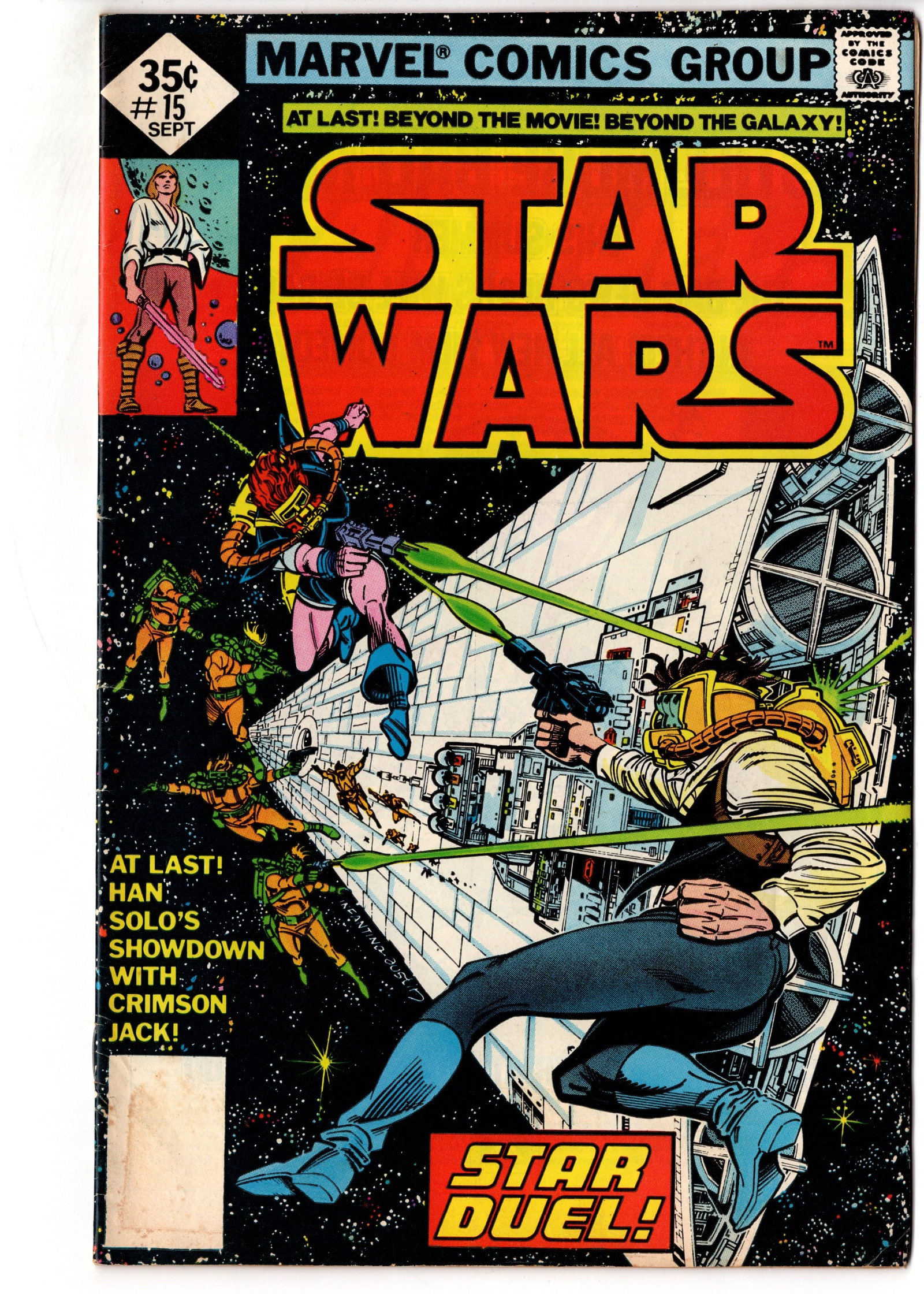 Star Wars #15 (1978) Marvel: Bronze Age Marvel Star Wars issue featuring Han Solo and Crimson Jack in a dynamic sci-fi battle cover. Copy has strong visual appeal with deep black background contrast and vibrant colors. Visible