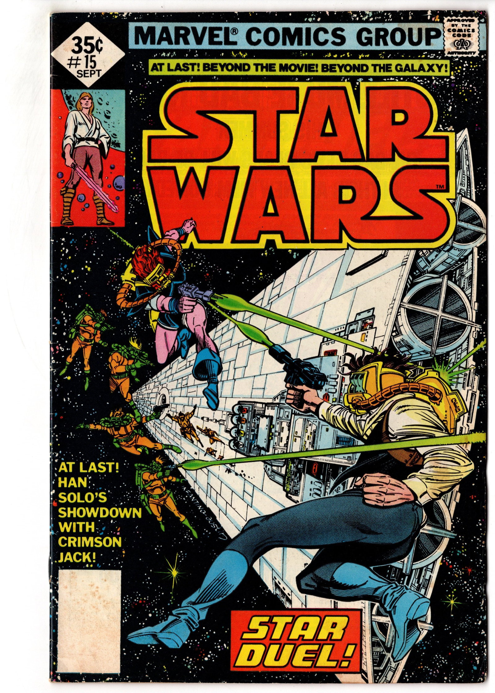 Star Wars #15 (1978) Marvel: Bronze Age Marvel Star Wars issue featuring Han Solo and Crimson Jack in a dynamic sci-fi battle cover. Copy has strong visual appeal with deep black background contrast and vibrant colors. Visible