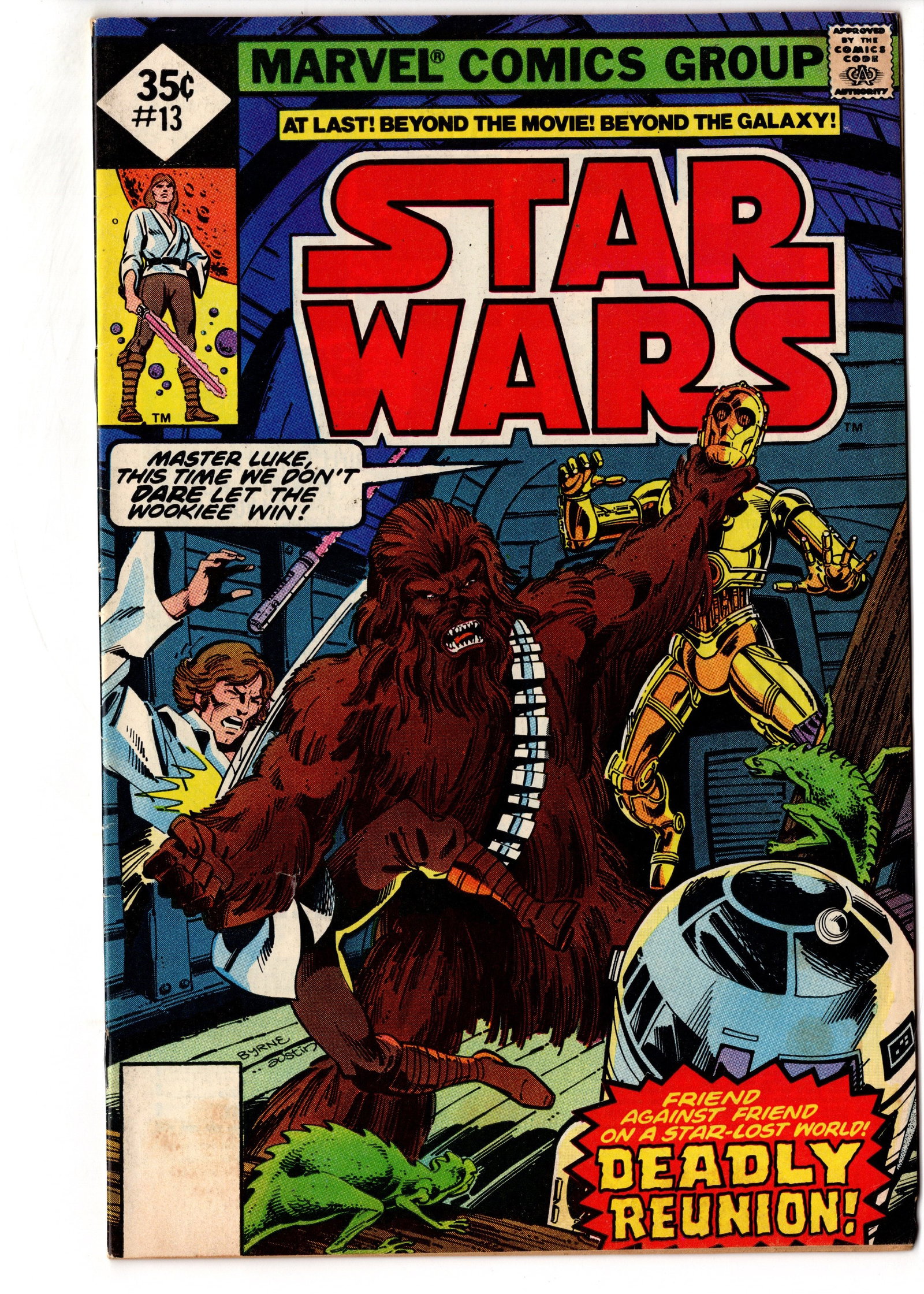 Star Wars #13 (1978) Marvel: Bronze Age Marvel Star Wars issue featuring Chewbacca, Luke Skywalker, C-3PO, and R2-D2 in a classic early series cover. Copy displays strong colors, attractive gloss, and solid overall eye appeal.
