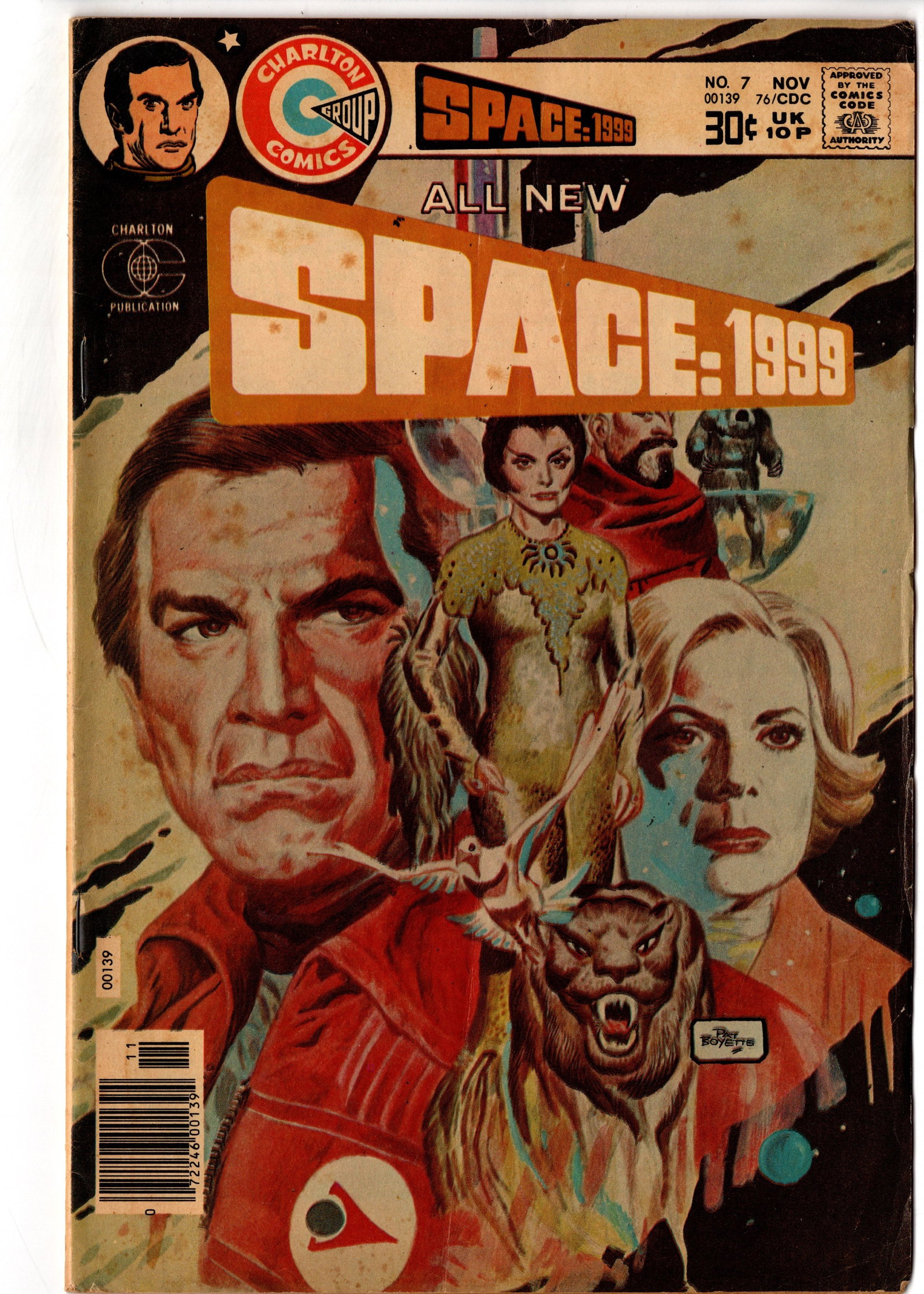 Space: 1999 #7 (1976) Charlton: 1970s Charlton adaptation issue based on the Space: 1999 television series featuring painted cover artwork and sci-fi character montage imagery. Copy shows moderate overall wear with visible