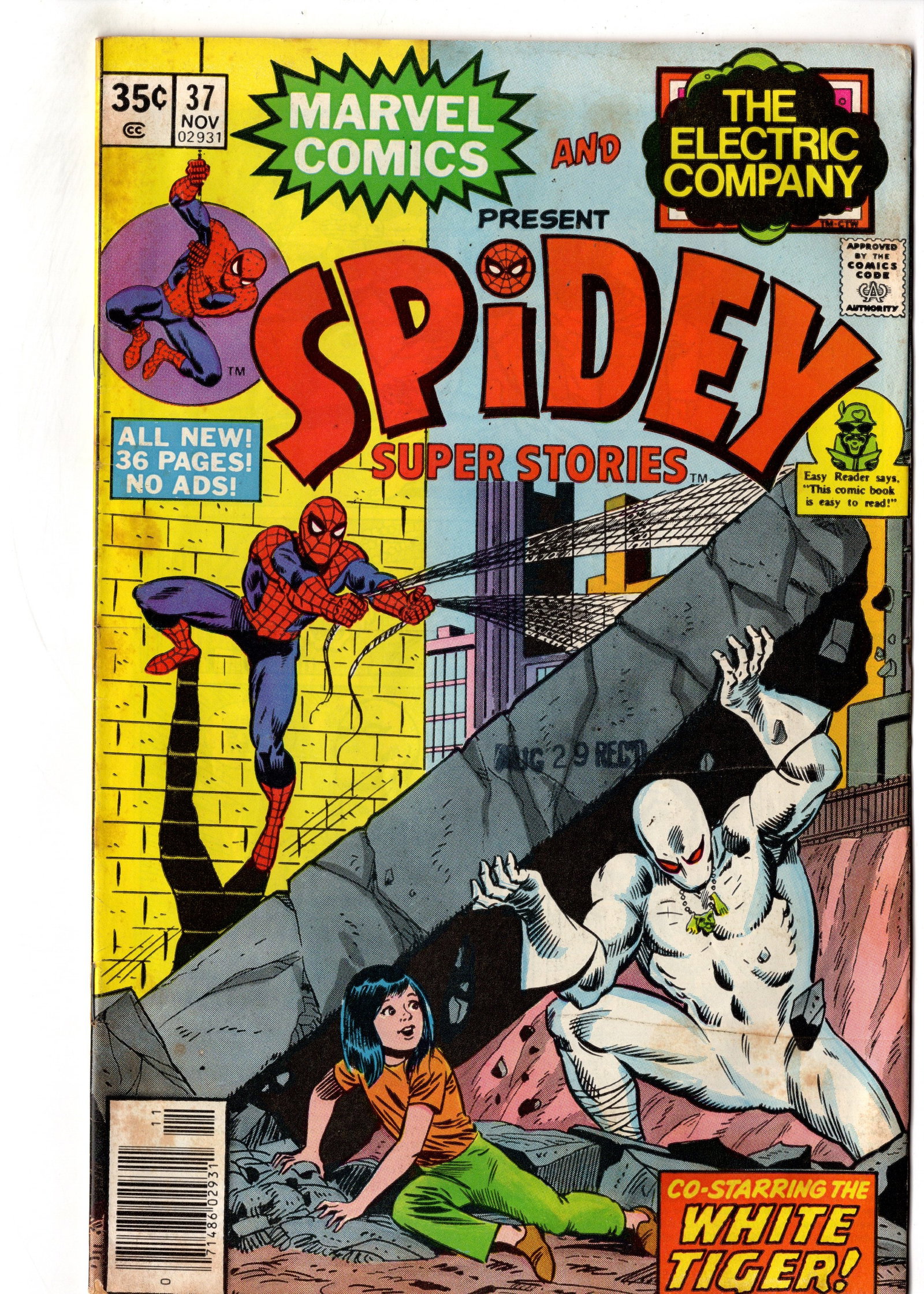 Spidey Super Stories #37 (1978) Marvel: Late Bronze Age Spidey Super Stories issue featuring Spider-Man and White Tiger in an Electric Company tie-in adventure. Copy has decent overall eye appeal with bright colors and solid gloss, but