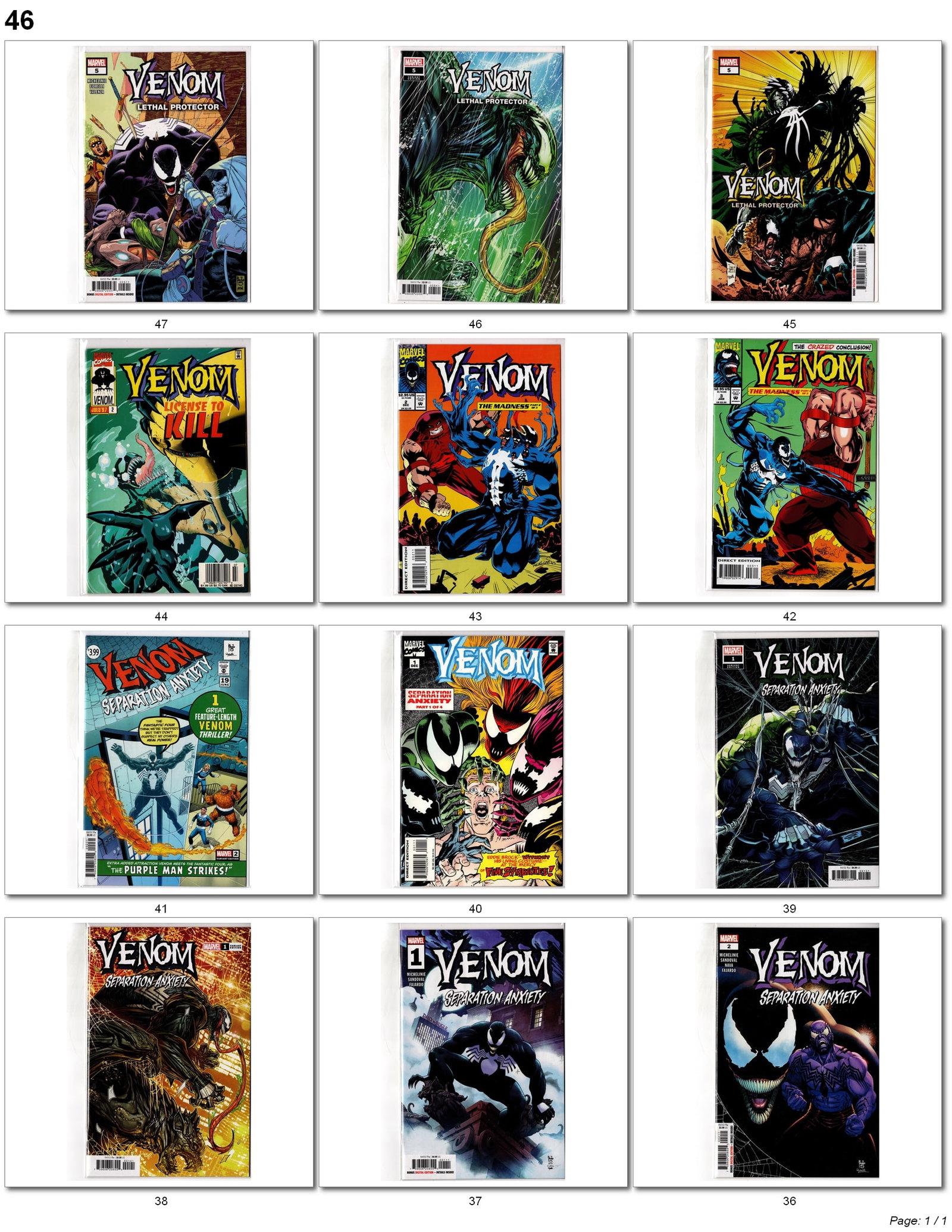 Venom Comic Lot Marvel Collection: Venom Marvel Comic Lot Collection of Marvel Venom comics featuring multiple mini-series and storylines including Venom: Lethal Protector, Venom: Separation Anxiety, Venom: License to Kill, and Venom: