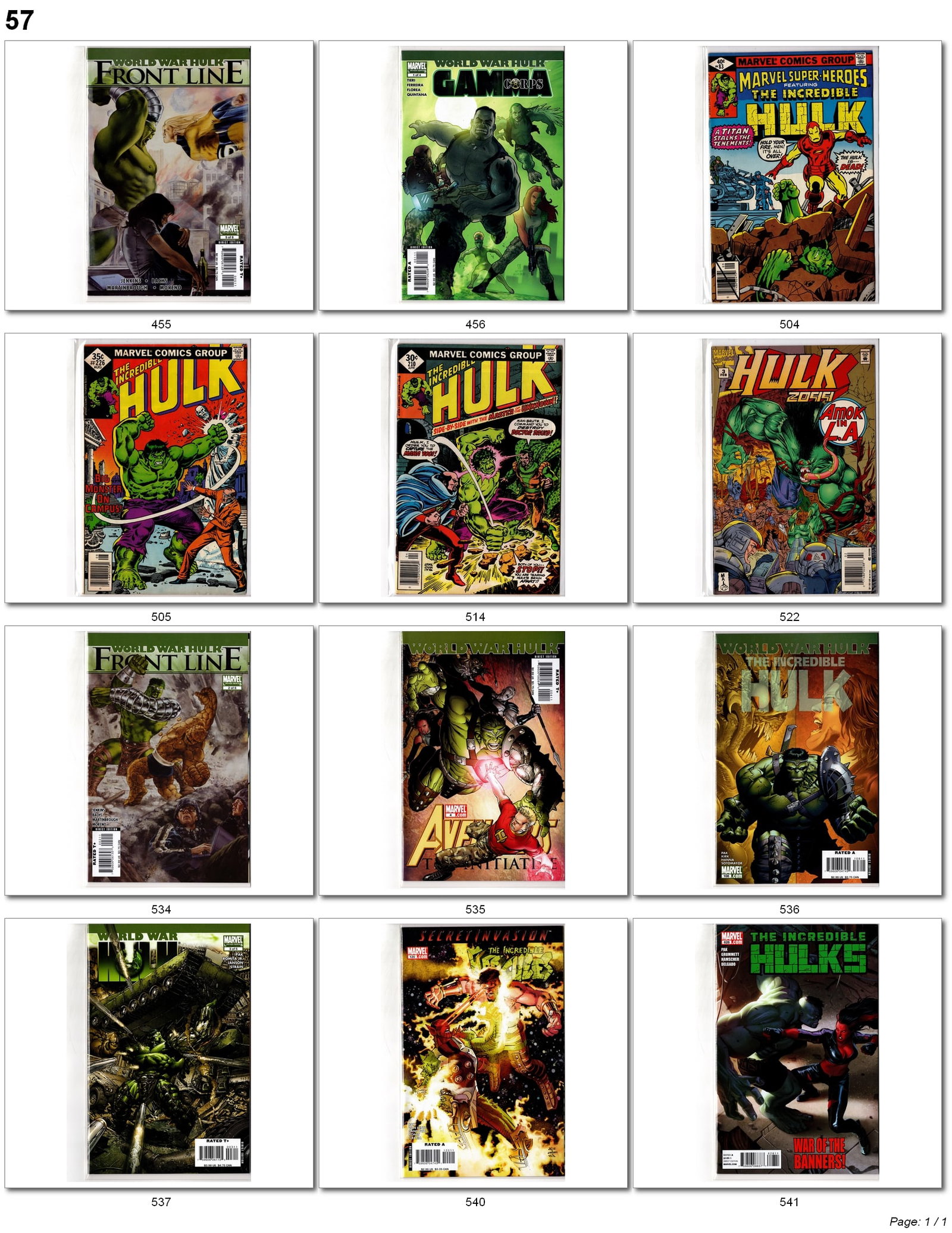 Hulk Bronze & World War Hulk Lot: Marvel Hulk comic book lot featuring Bronze Age issues and modern World War Hulk era titles. Includes a mix of Incredible Hulk, Marvel Super-Heroes Featuring The Incredible Hulk, Hulk 2099, World War 