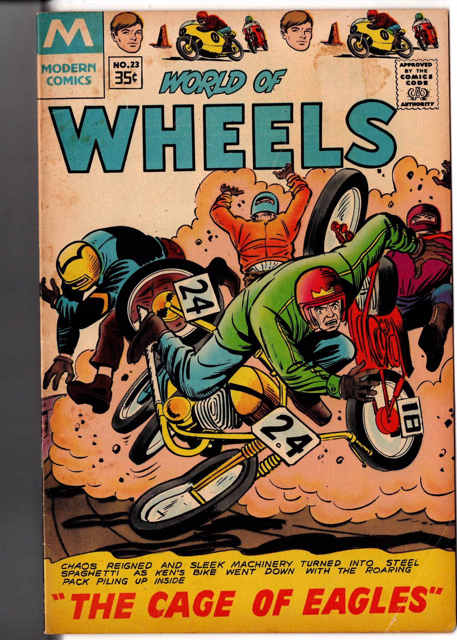 World of Wheels #23 (1978) Charlton Motorcycle Comic: World of Wheels #23 (1978) featuring vintage motorcycle racing action and classic late Bronze Age sports comic storytelling. Motorcycle and racing-themed comics from this era remain niche