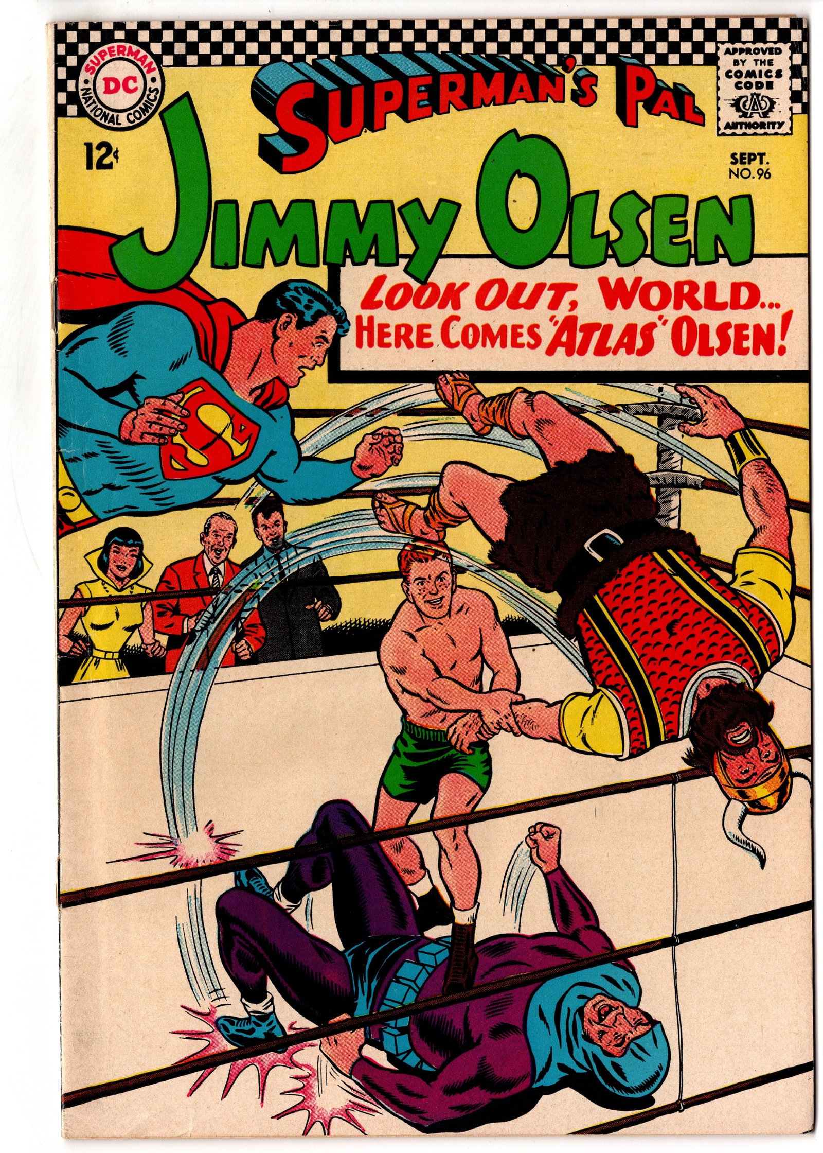 Supermans Pal Jimmy Olsen #96 (1966) DC: Supermans Pal Jimmy Olsen #96 (1966, DC Comics) featuring the memorable ?Atlas Olsen? cover story with Jimmy transformed into a super-powered strongman-style hero. This Silver Age DC issue features