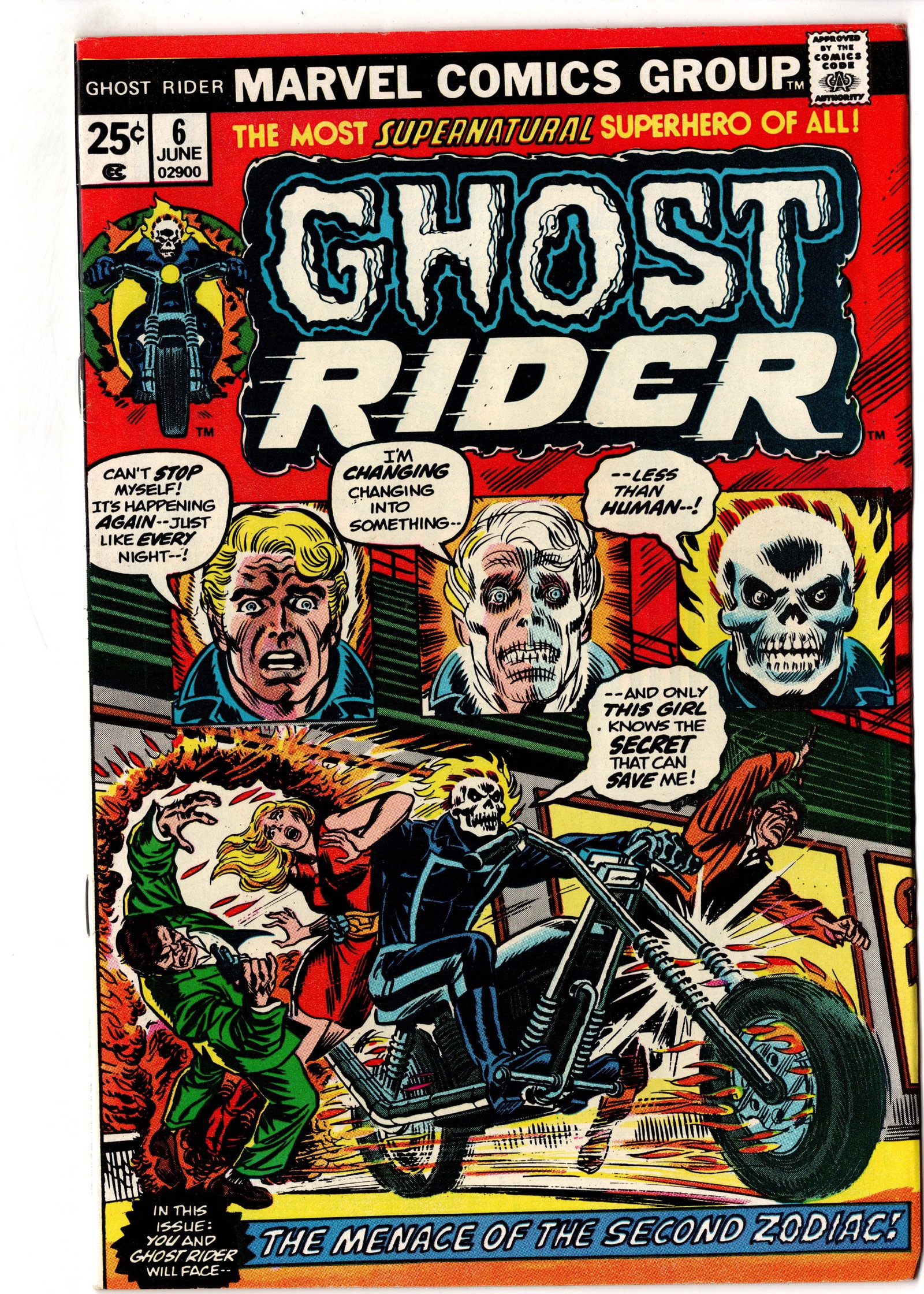 Ghost Rider #6 (1974) Marvel: Ghost Rider #6 (1974, Marvel Comics) featuring an early Bronze Age appearance of Johnny Blaze as Ghost Rider with a dramatic transformation cover and classic supernatural horror action. This early