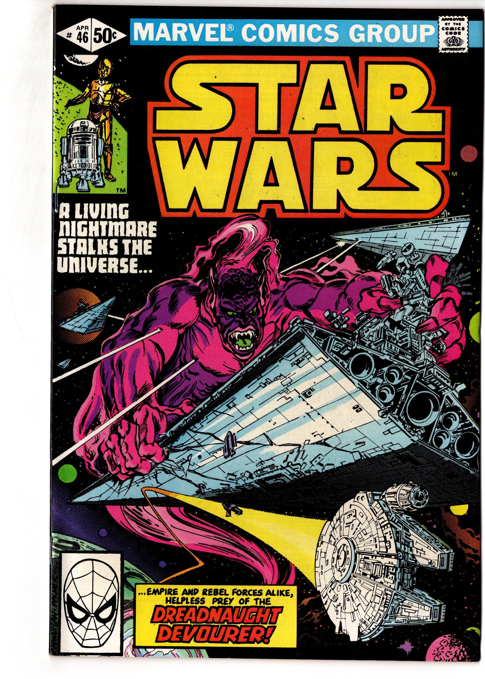 Star Wars #46 (1981) Marvel: Star Wars #46 (1981, Marvel Comics) featuring the dramatic ?Dreadnaught Devourer? cover with massive cosmic monster artwork from Marvels classic original Star Wars run. This issue features exceptional